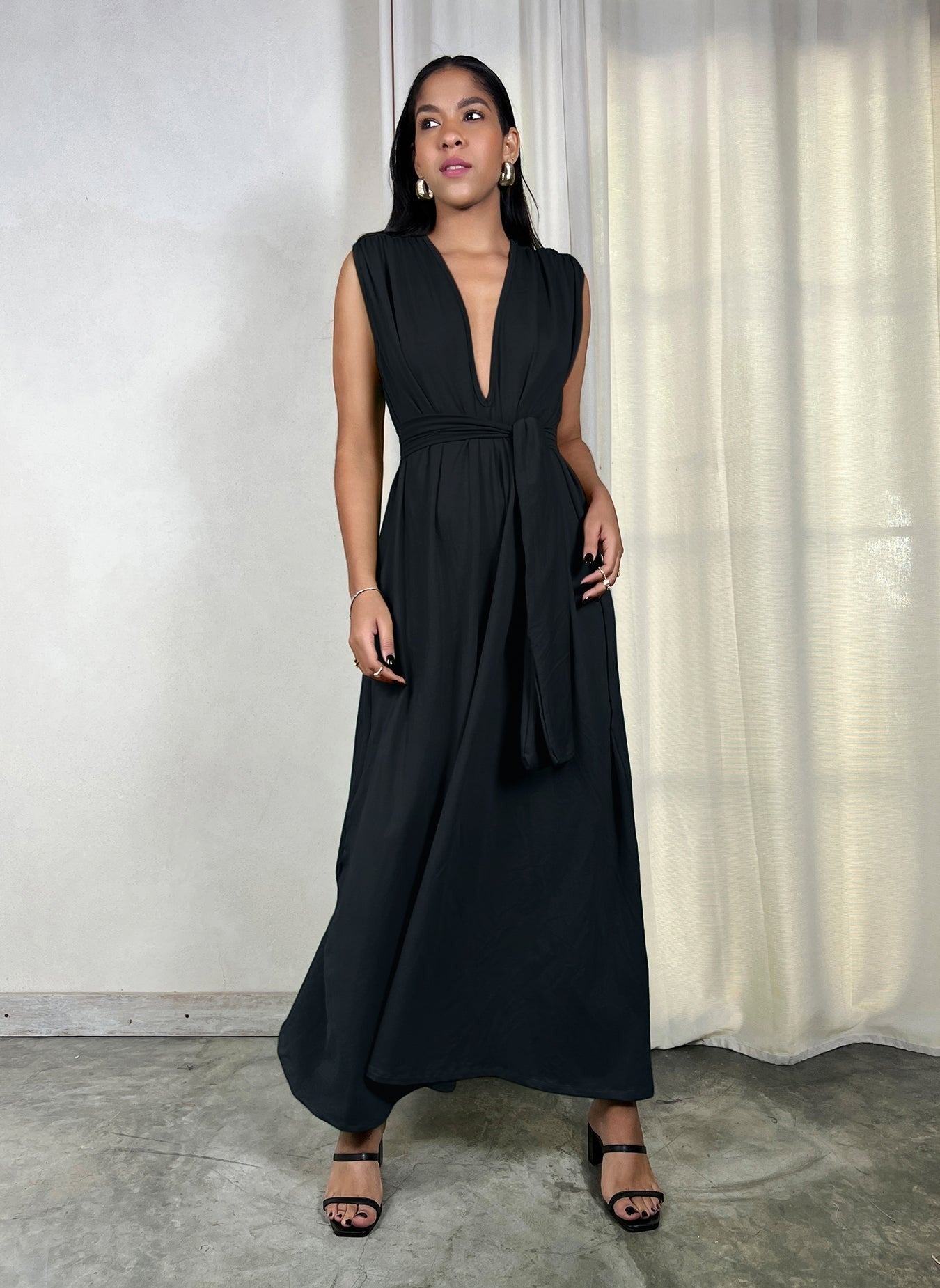 Cotton Jersey Plunge Neckline Belted Maxi Dress - Black