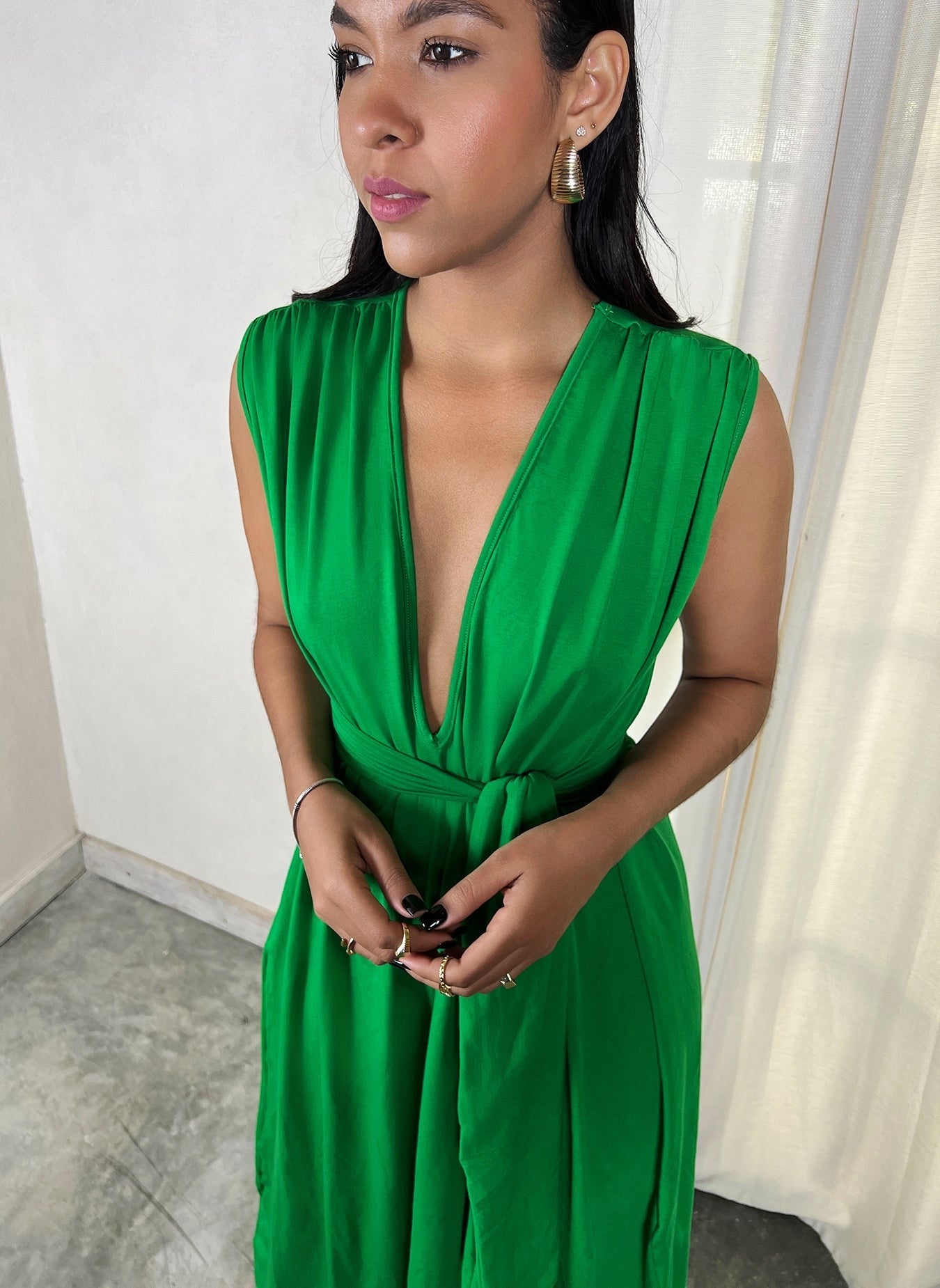 Plunge Neckline Belted Maxi Dress