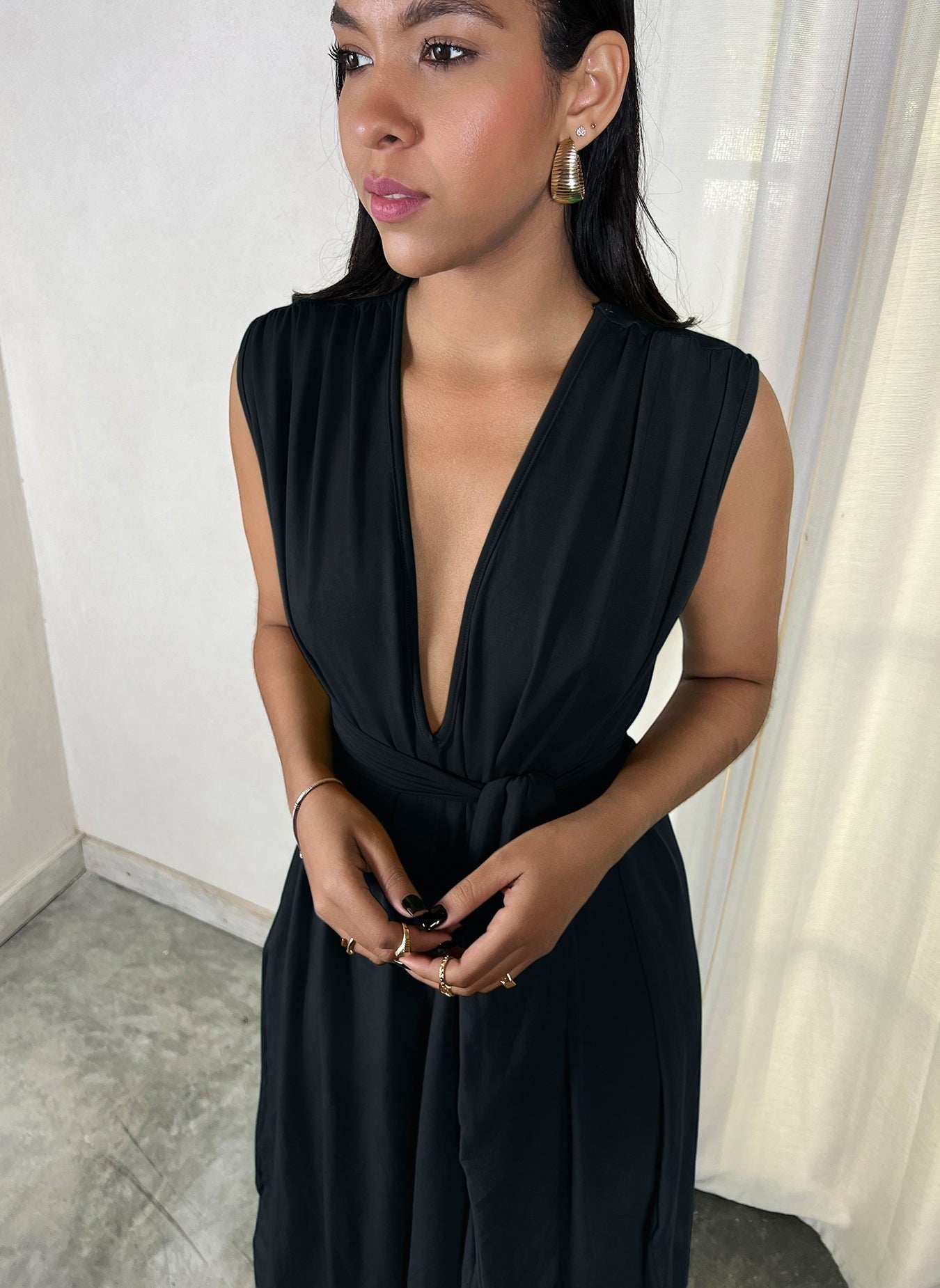 Cotton Jersey Plunge Neckline Belted Maxi Dress - Black
