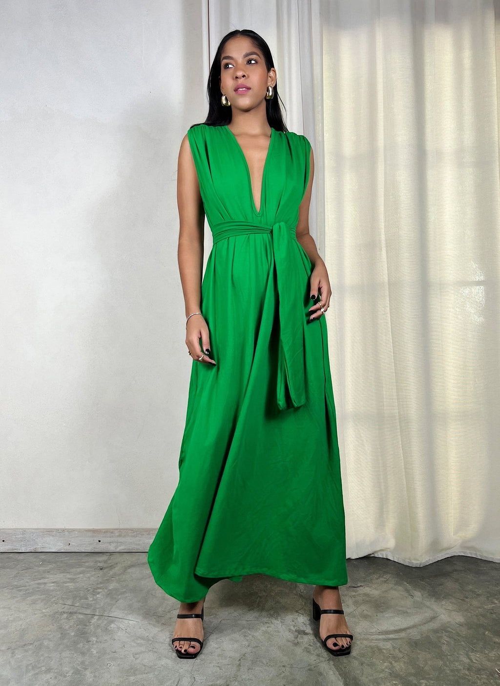 Plunge Neckline Belted Maxi Dress