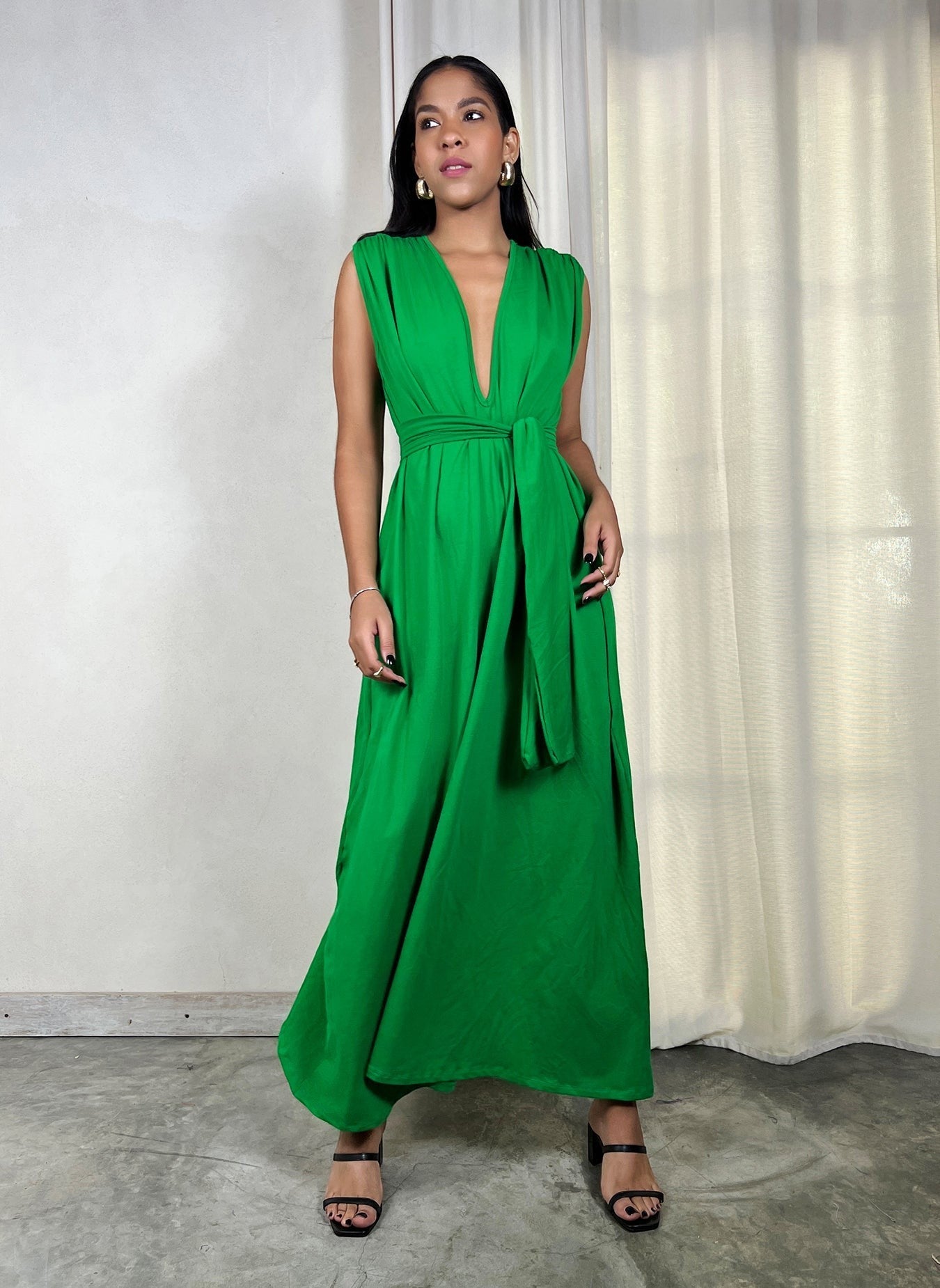 Plunge Neckline Belted Maxi Dress