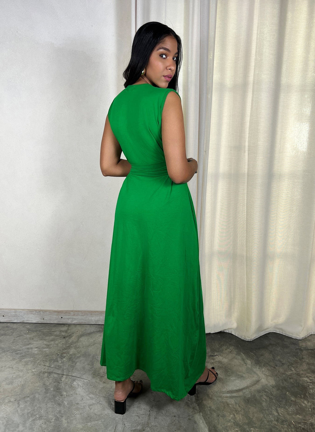 Plunge Neckline Belted Maxi Dress