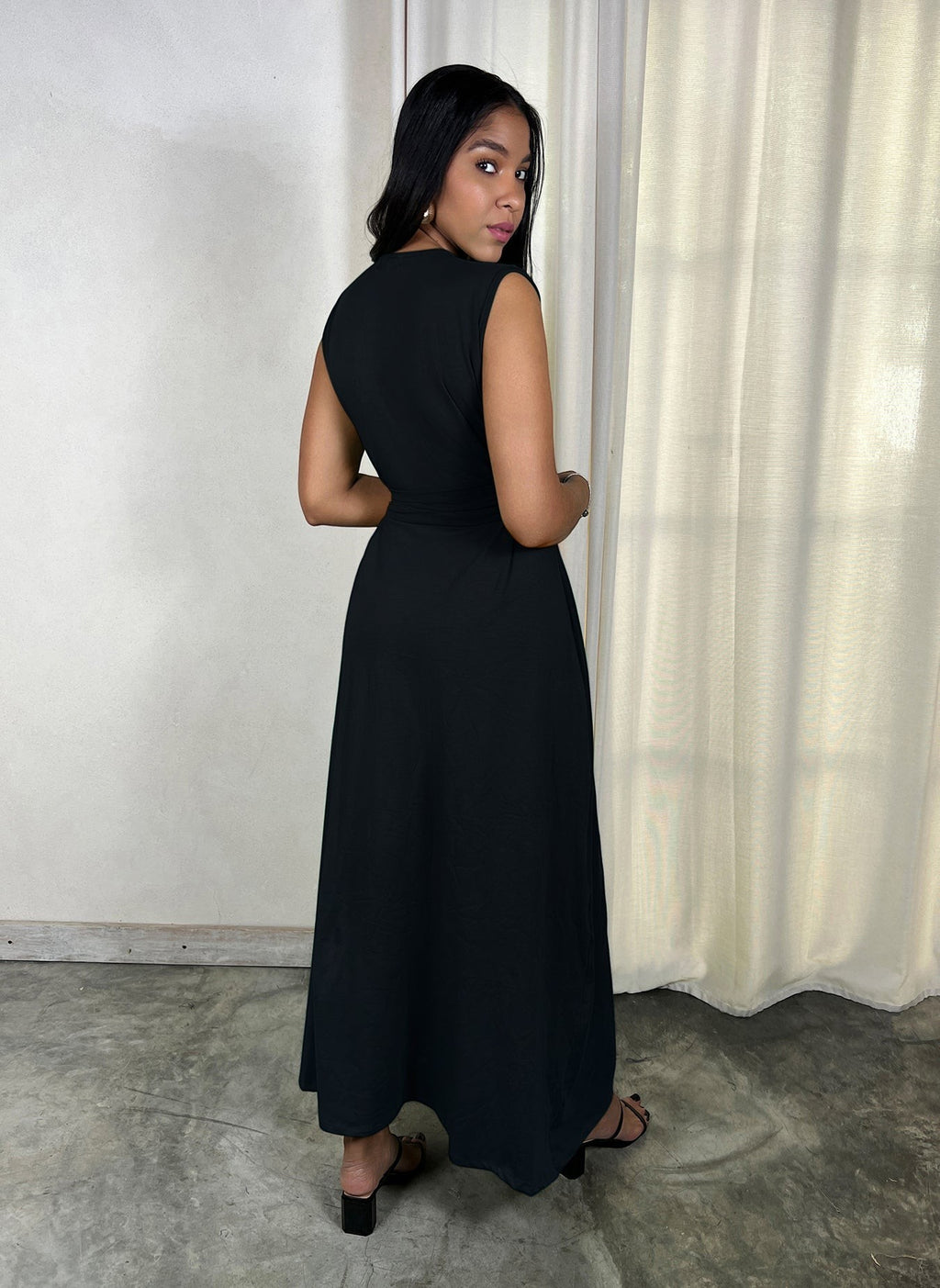 Cotton Jersey Plunge Neckline Belted Maxi Dress - Black