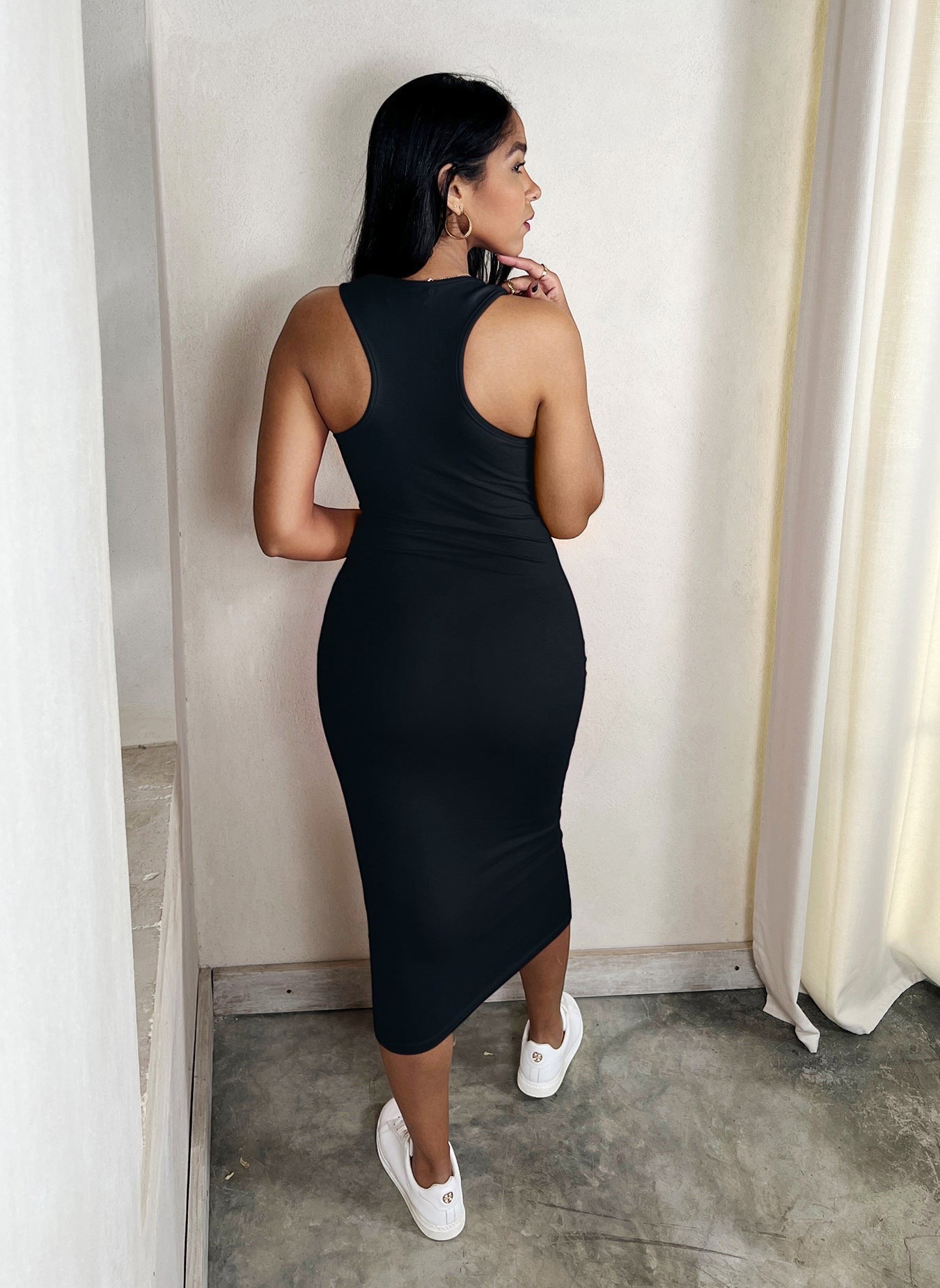 Cotton Jersey Racerback Bodycon Midi Dress - Black