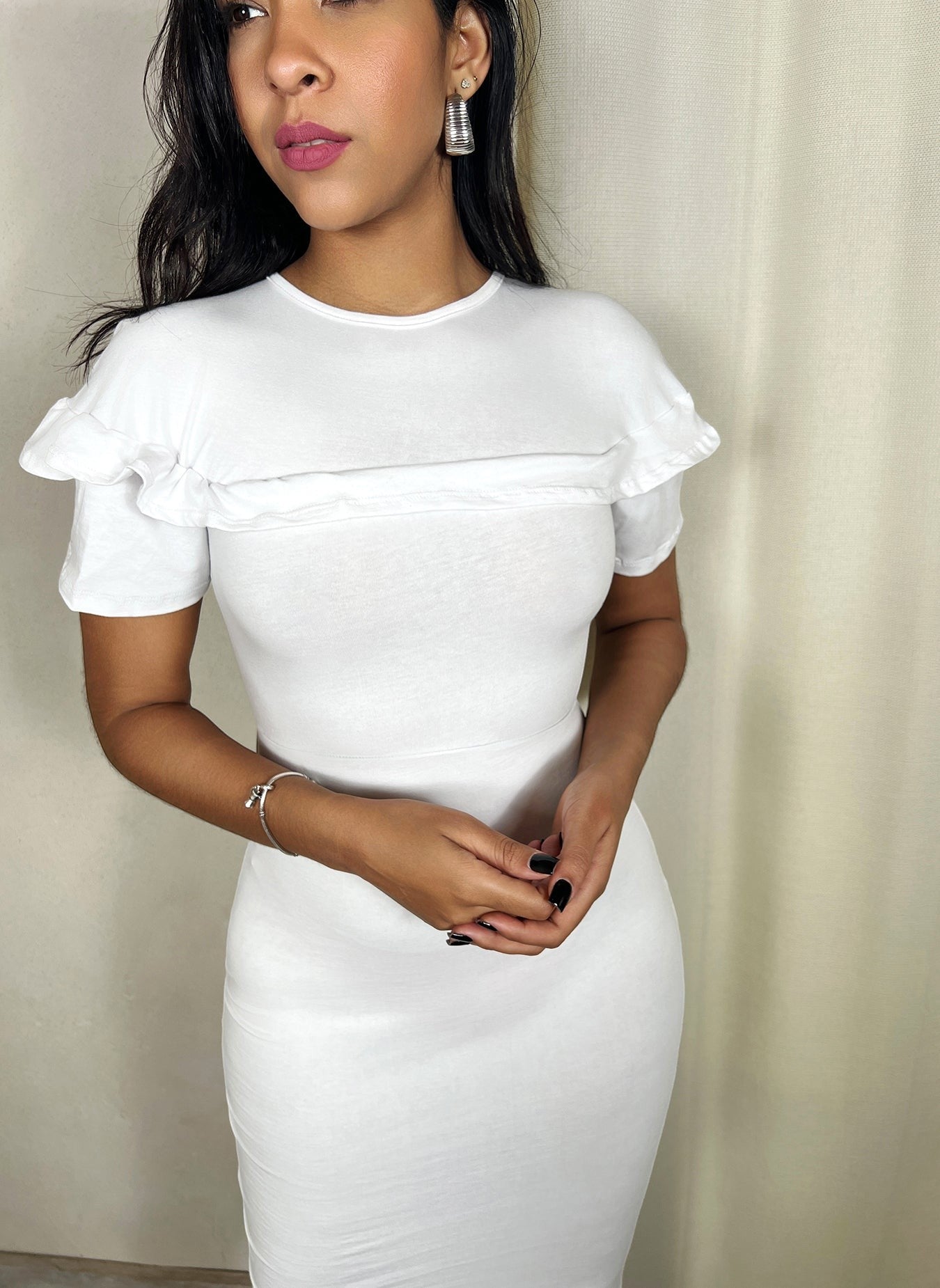 Cotton Jersey Ruffled Bodycon Midi Dress
