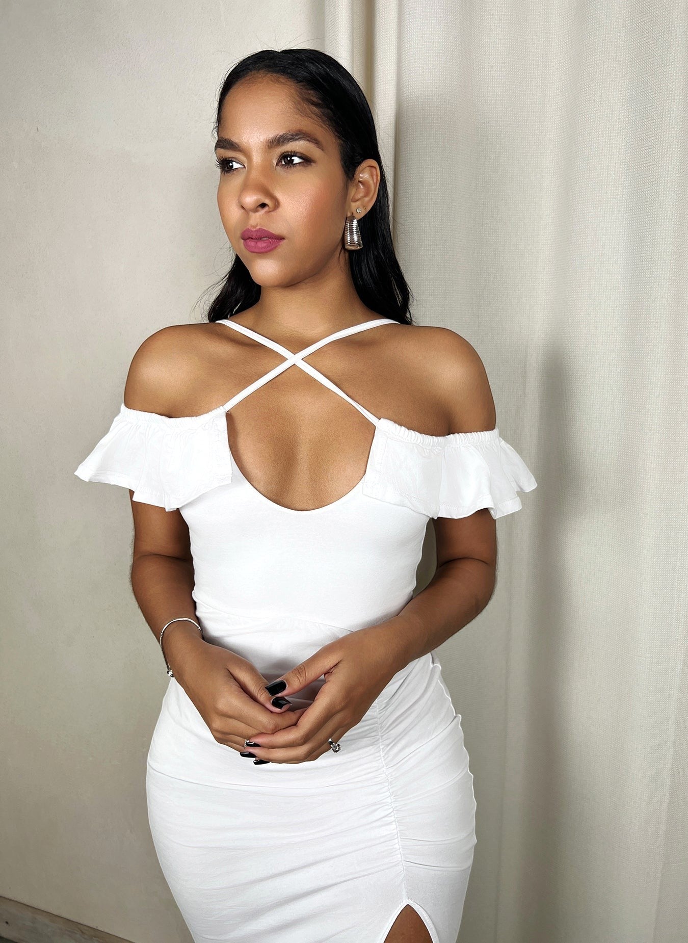 Cotton Jersey Ruffled Neckline Bodycon Midi Dress