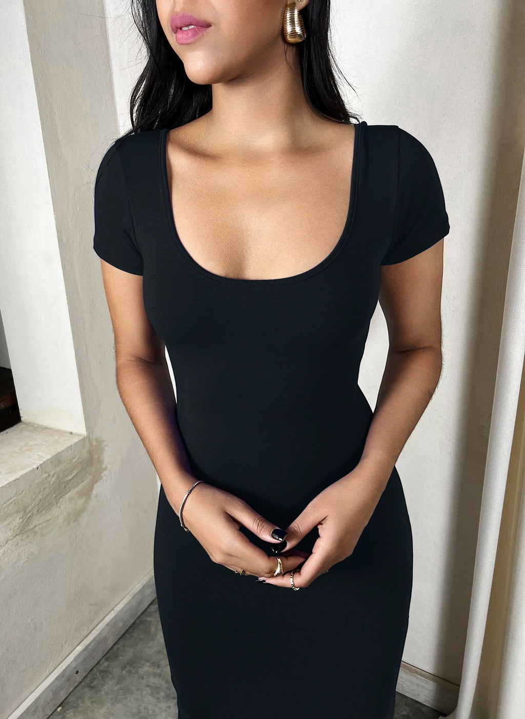 Cotton Jersey Scoop Neck A-Line Maxi Dress  - Black