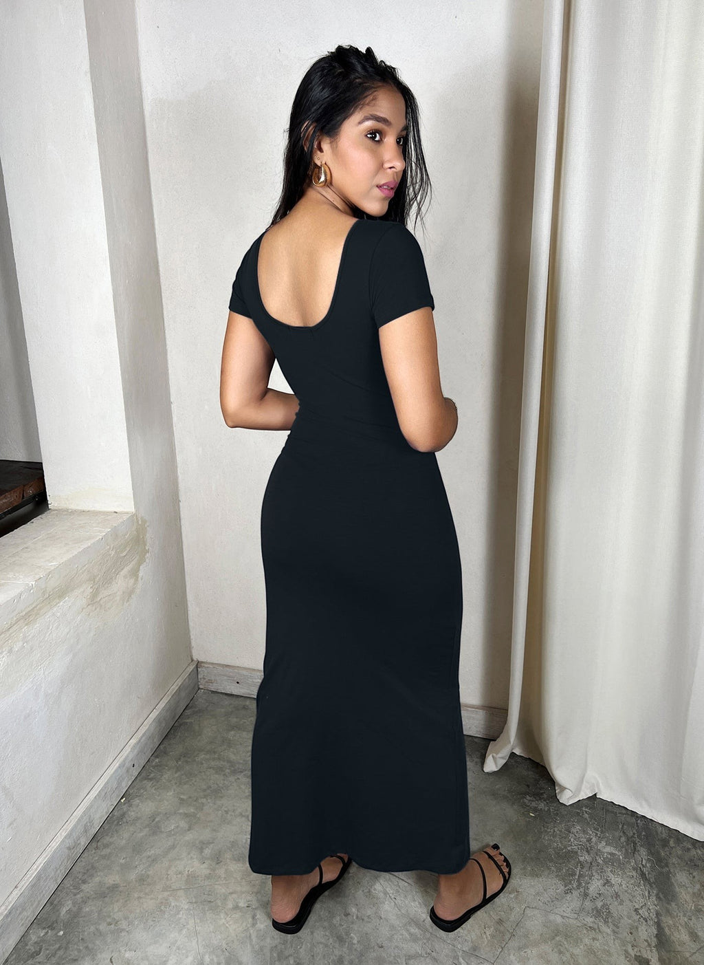 Cotton Jersey Scoop Neck A-Line Maxi Dress  - Black