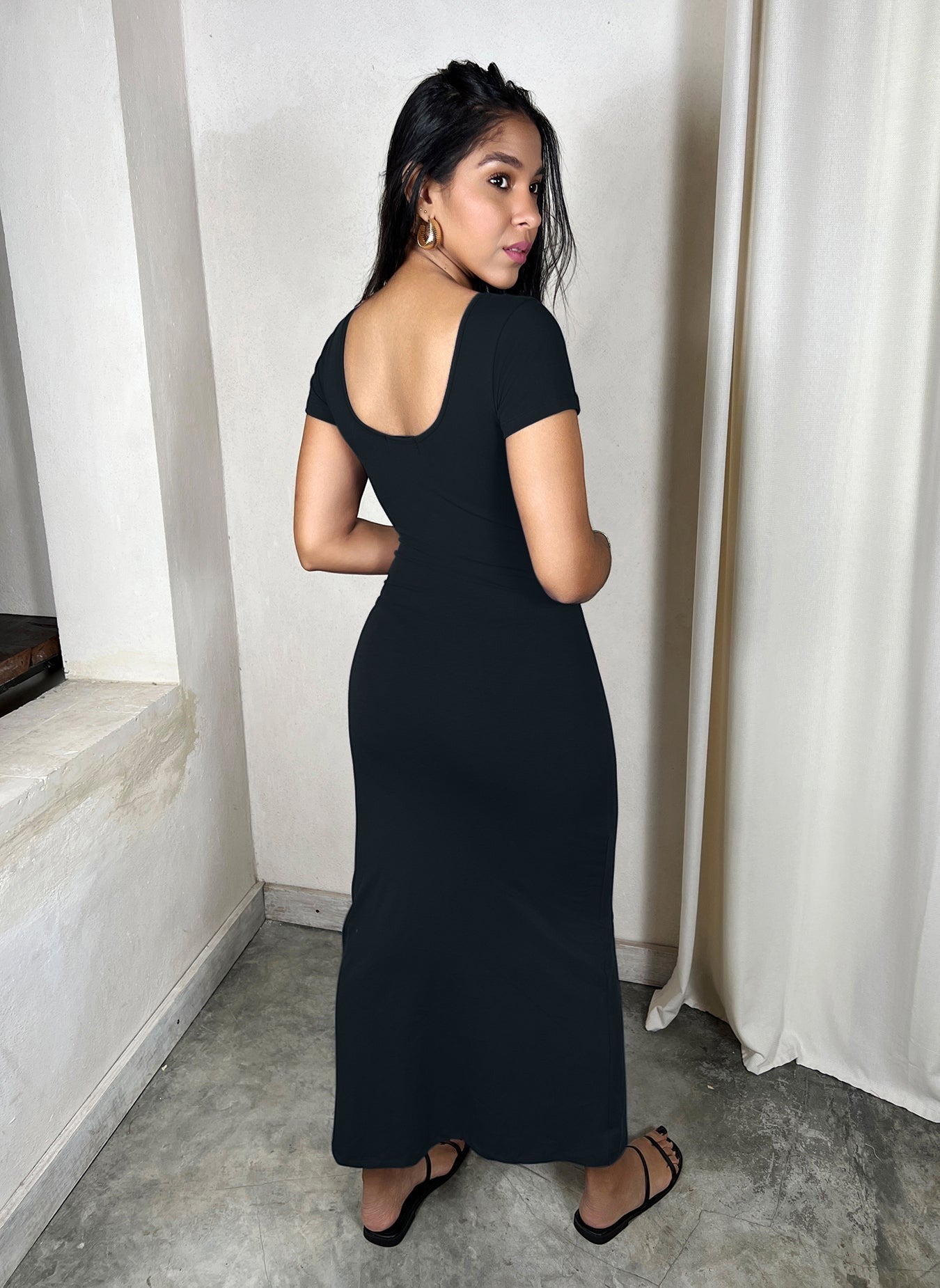 Cotton Jersey Scoop Neck A-Line Maxi Dress  - Black