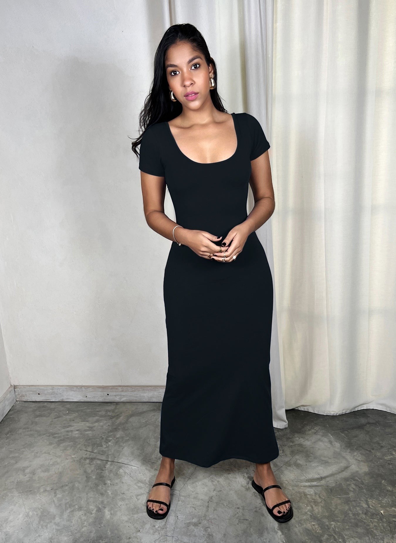 Cotton Jersey Scoop Neck A-Line Maxi Dress  - Black