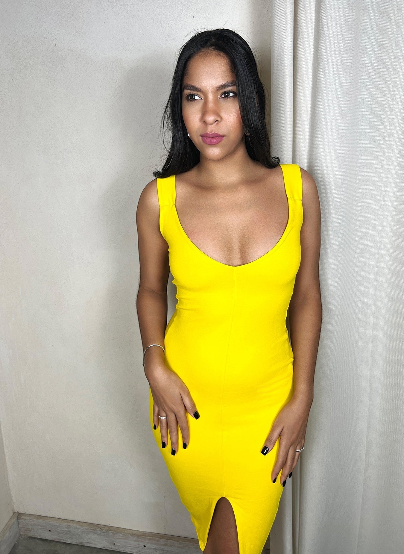 Cotton Jersey Scoop Neck Bodycon Mini Dress w. Slit