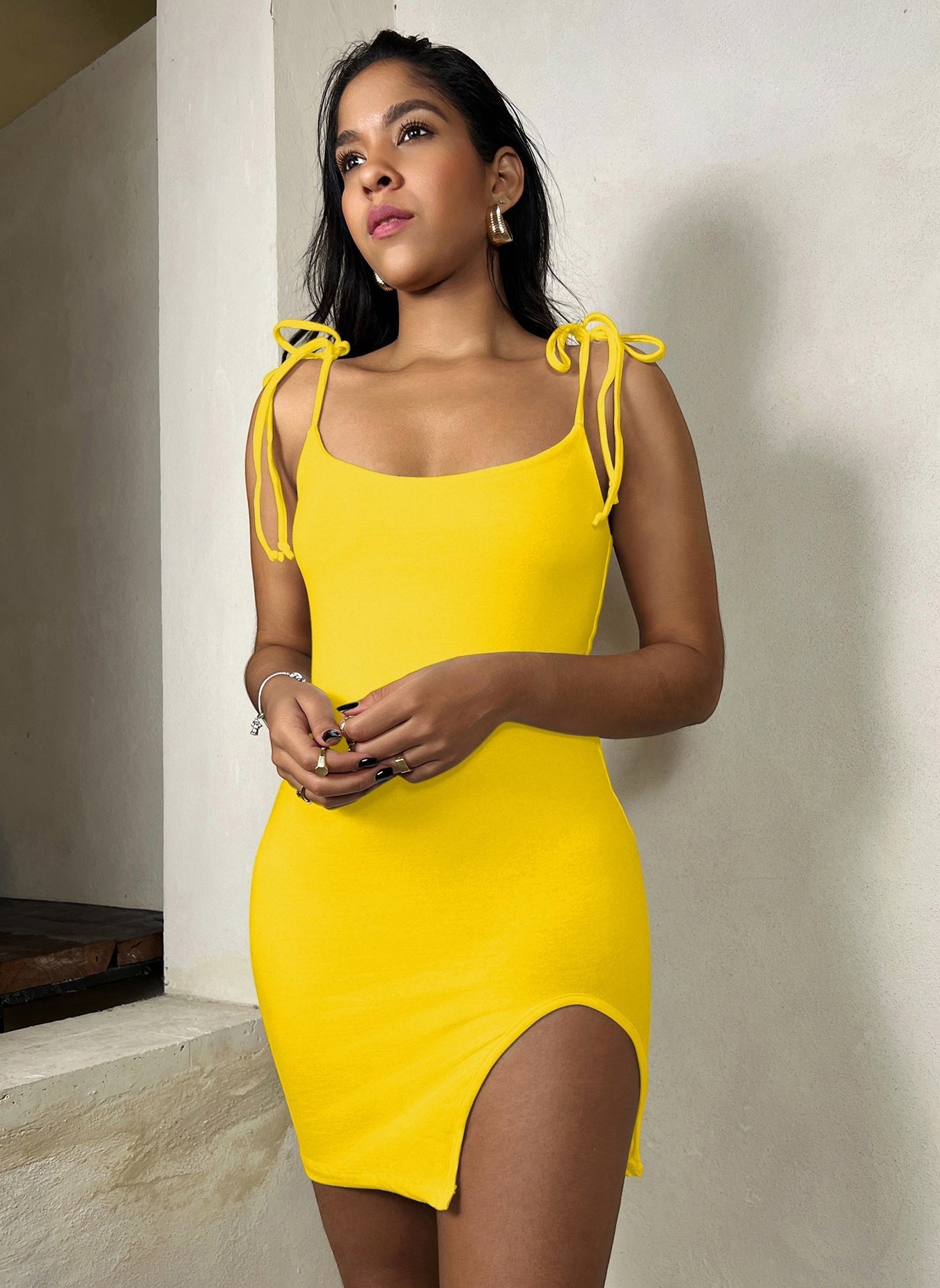 Cotton Jersey Shoulder Tie Double Layered Mini Dress -Yellow