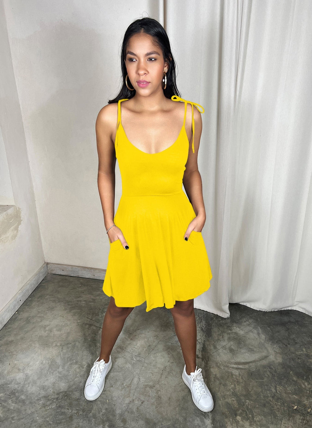 Cotton Jersey Shoulder Tie Skater Mini Dress w. Pockets - Yellow