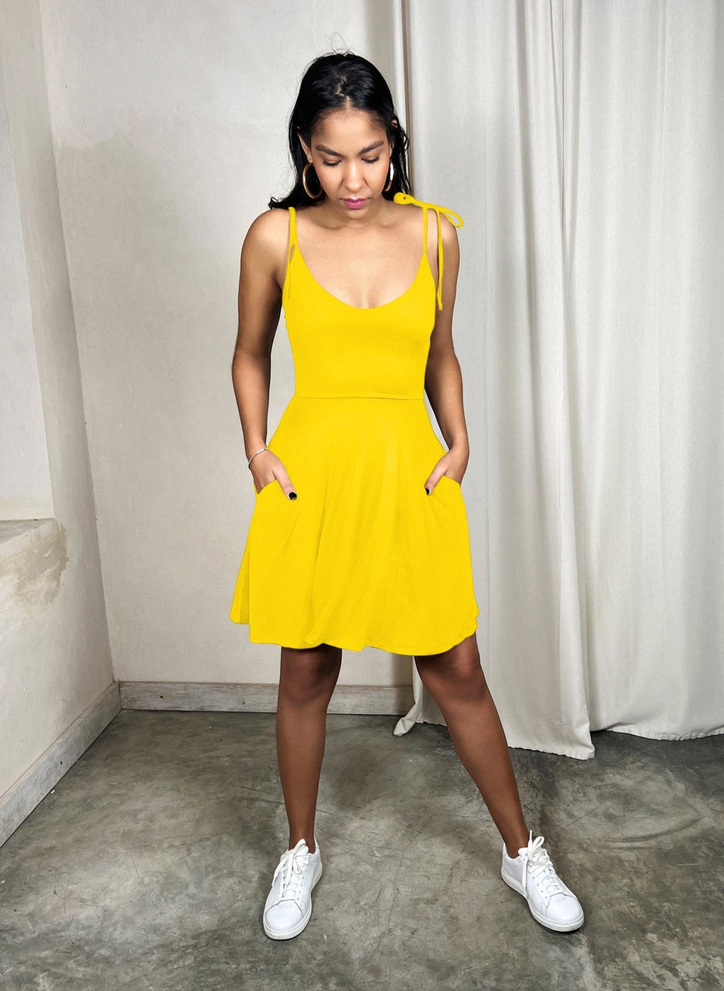 Cotton Jersey Shoulder Tie Skater Mini Dress w. Pockets - Yellow