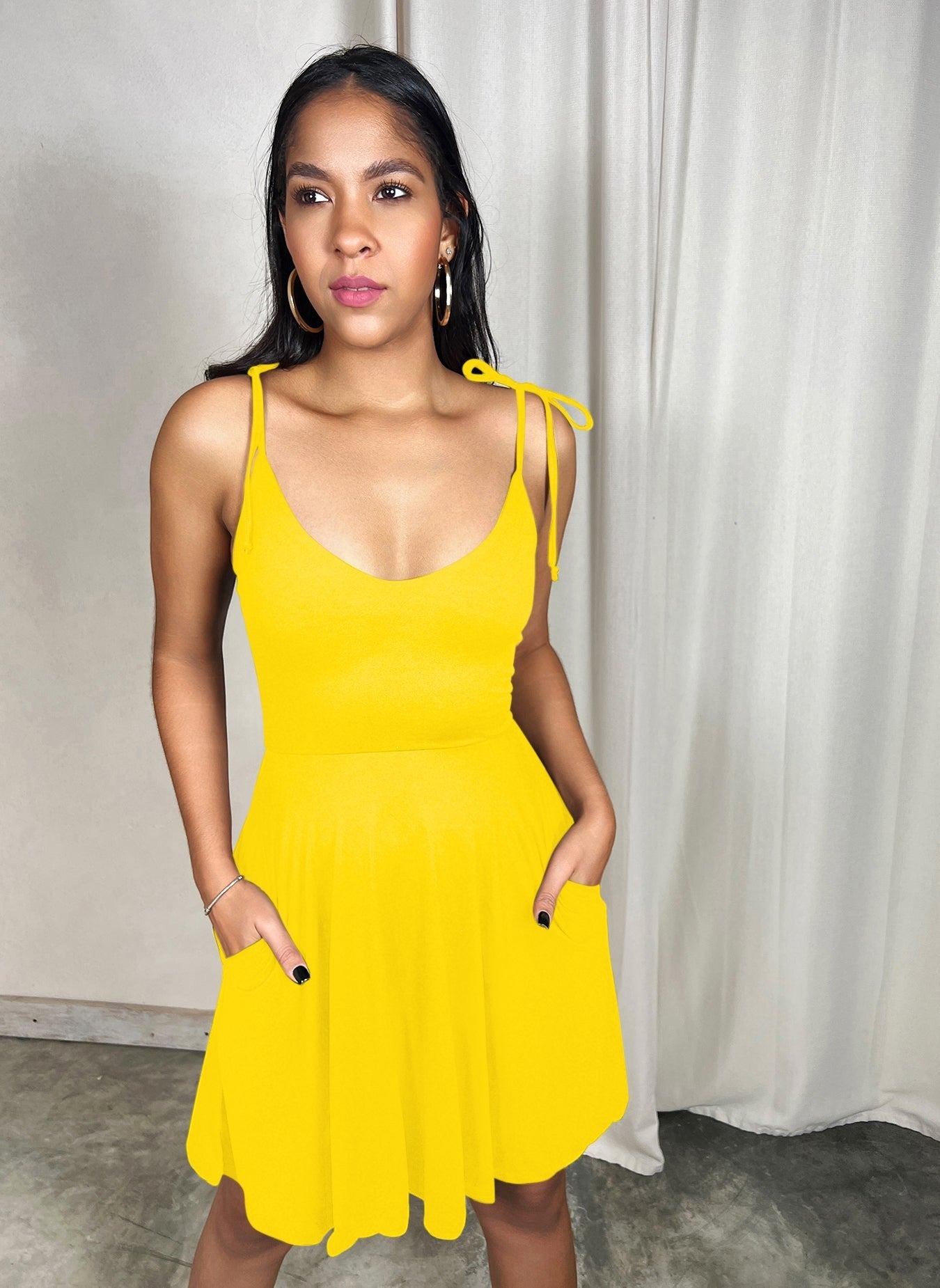 Cotton Jersey Shoulder Tie Skater Mini Dress w. Pockets - Yellow