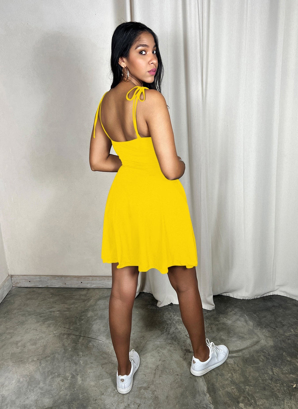 Cotton Jersey Shoulder Tie Skater Mini Dress w. Pockets - Yellow