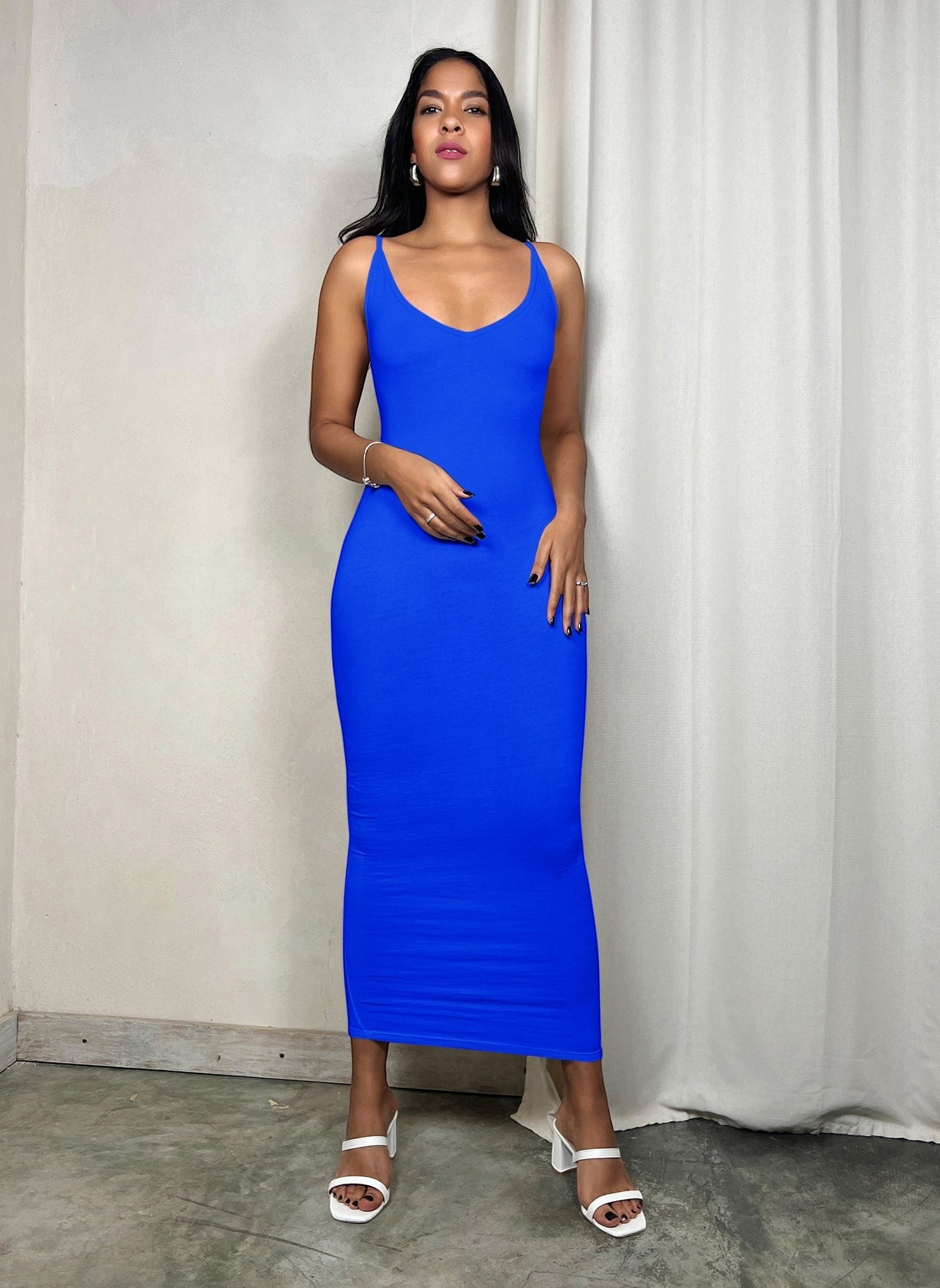 Cotton Jersey Spaghetti Strap Bodycon Maxi Dress - Blue