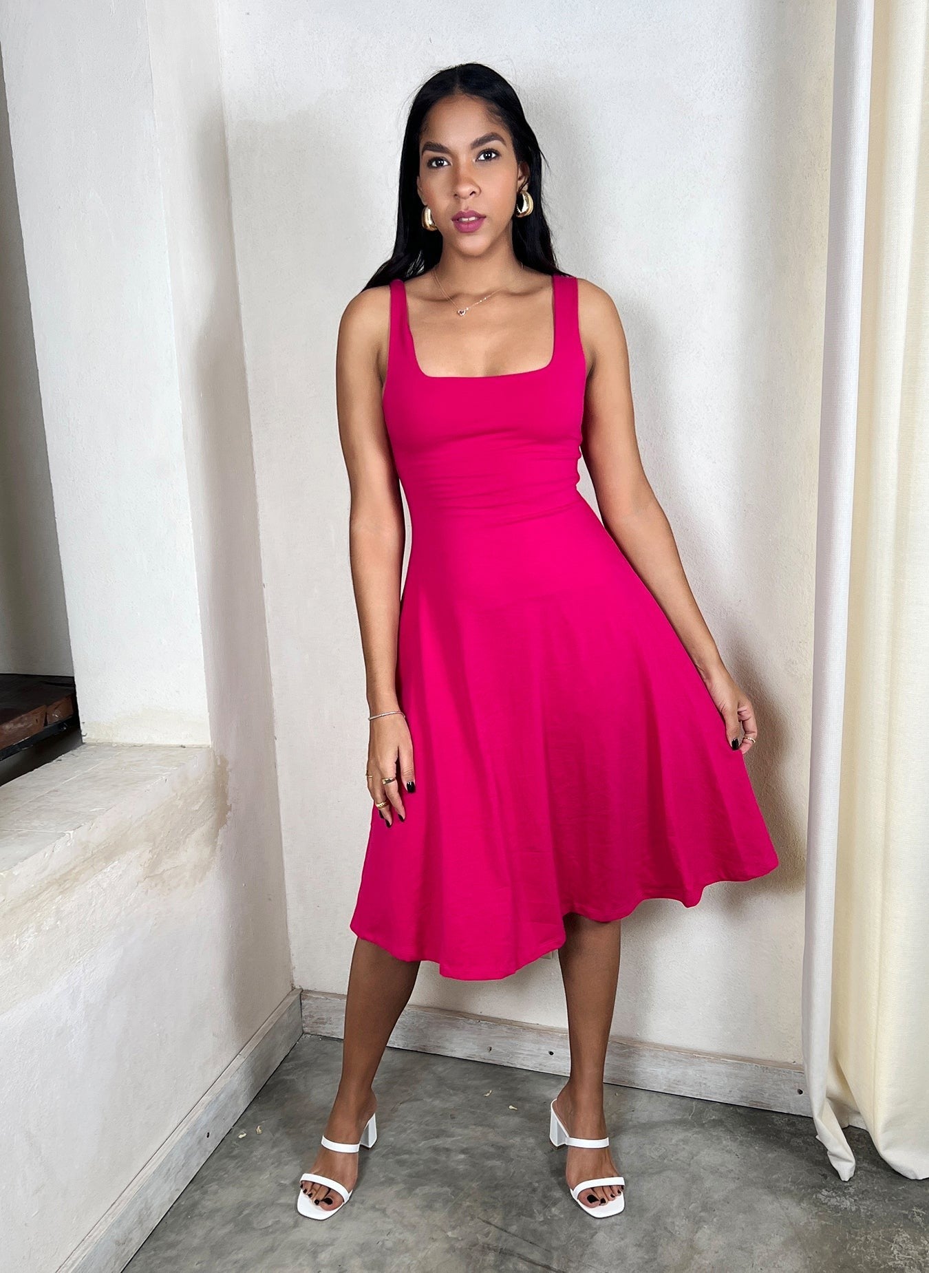 Squared Neckline A-Line Midi Dress
