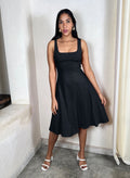 Squared Neckline A-Line Midi Dress - Black