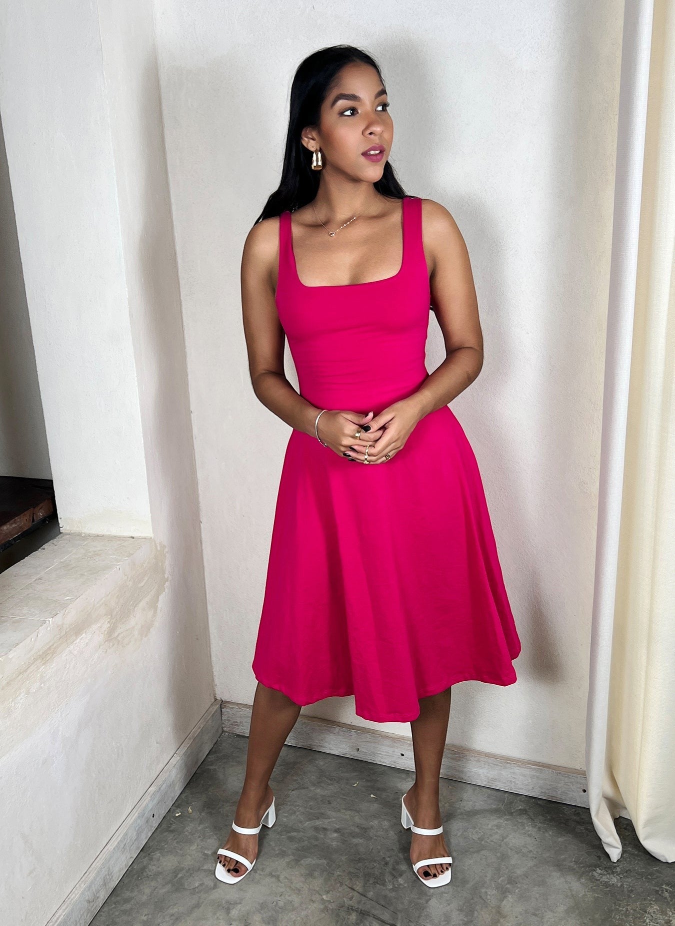 Squared Neckline A-Line Midi Dress