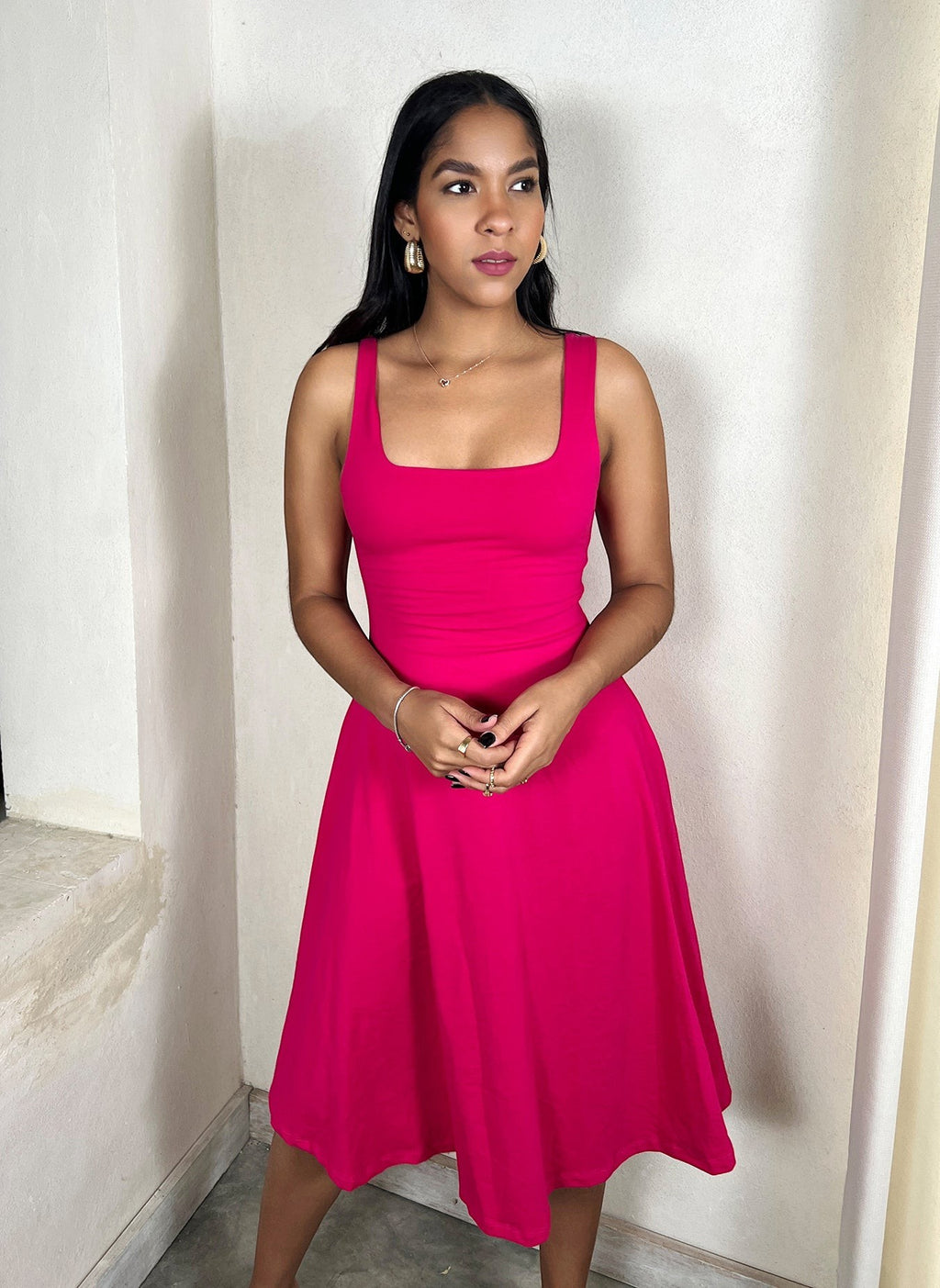 Squared Neckline A-Line Midi Dress