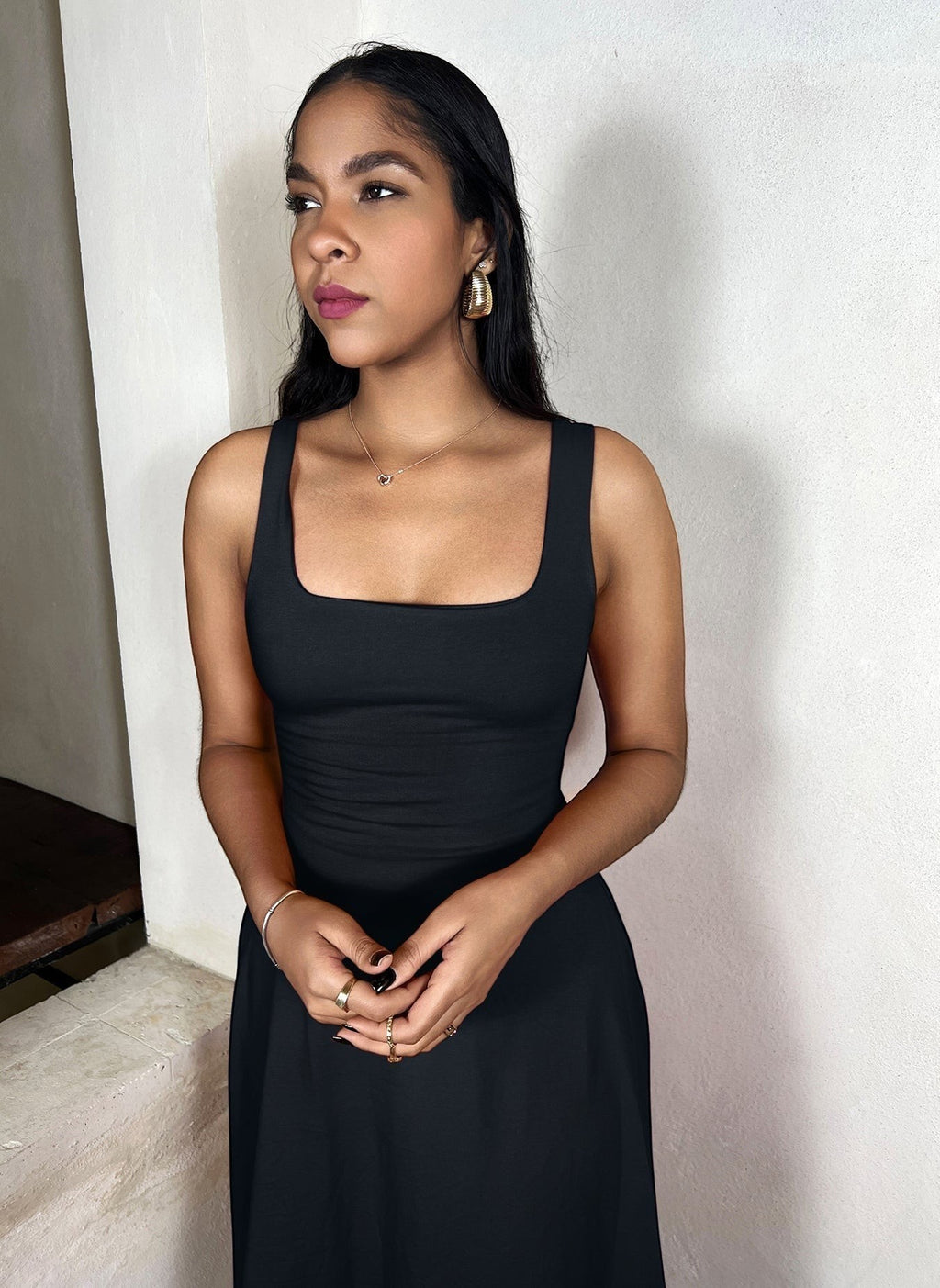 Squared Neckline A-Line Midi Dress - Black