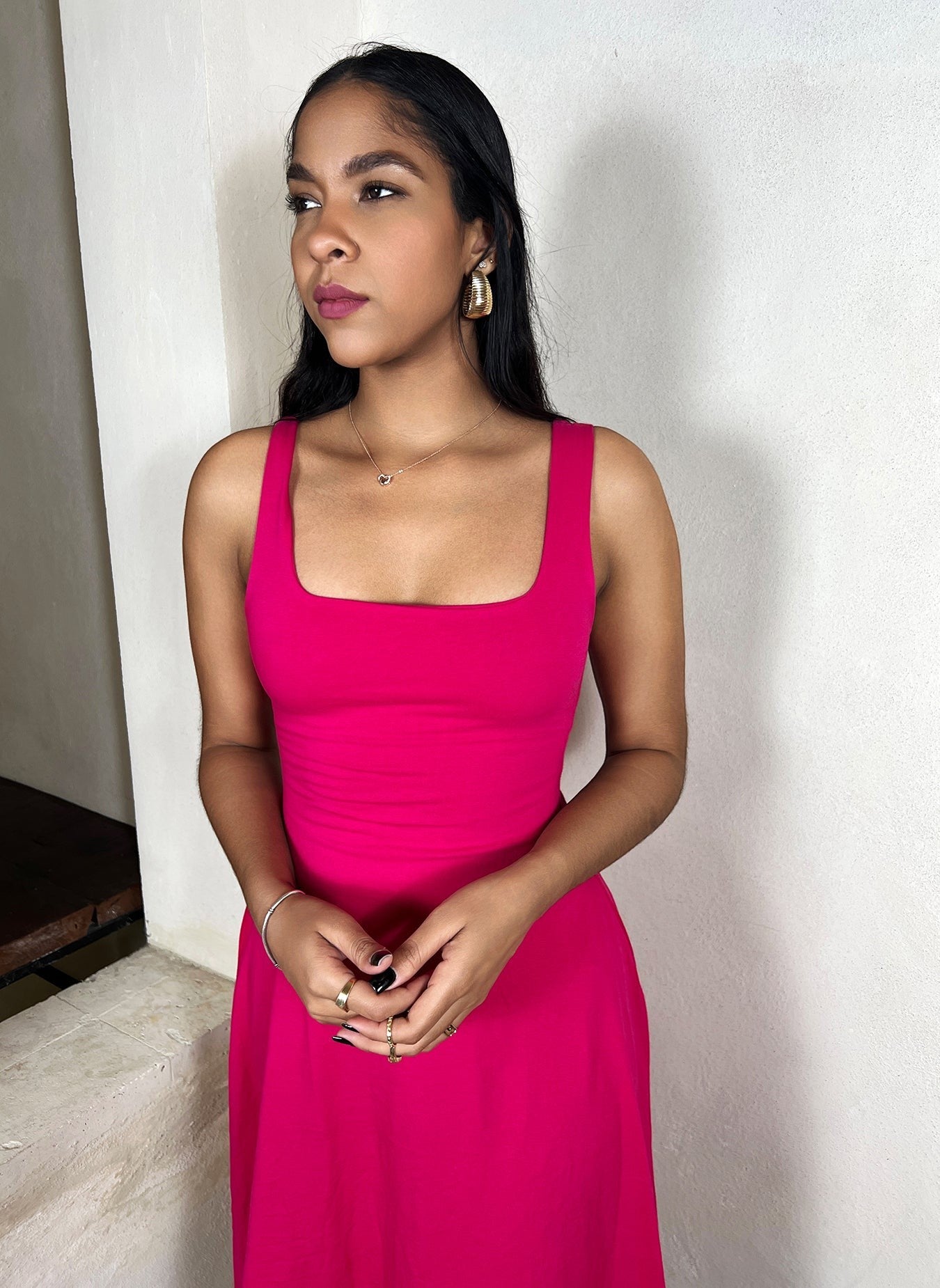 Squared Neckline A-Line Midi Dress