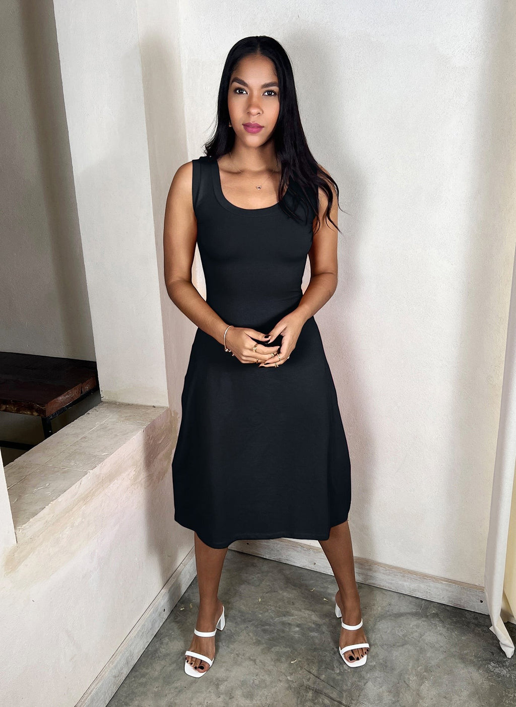 Tank A-Line Knee Length Dress - Black