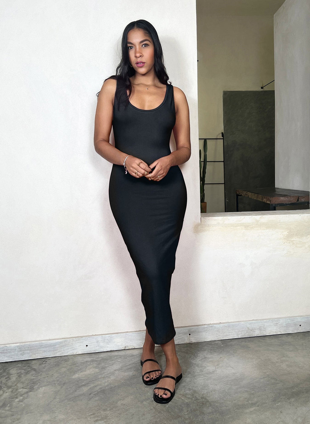 Cotton Jersey Tank Bodycon Midi Dress - Black