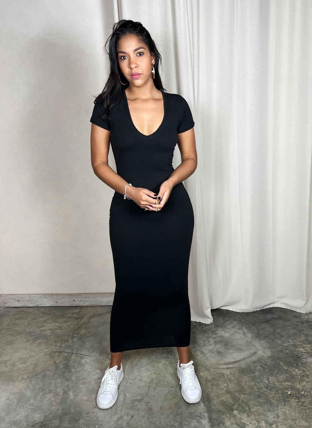 Cotton Jersey V-Neck Bodycon Maxi Dress