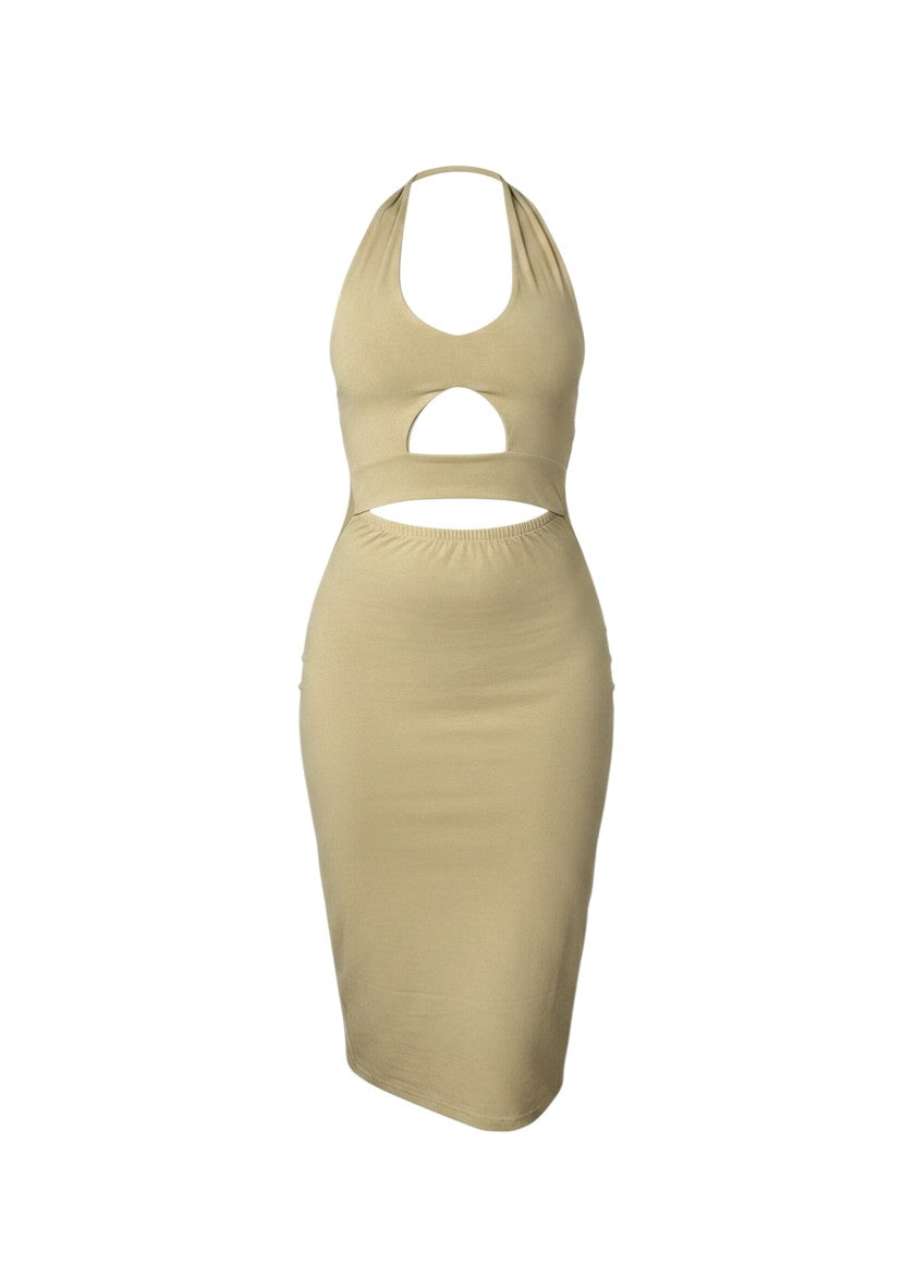 cottonandlily beige cotton jersey midi bodycon dress with a halter neckline and front cut-out detail.