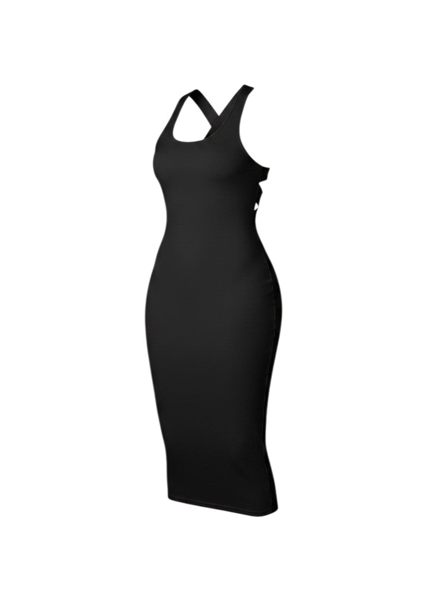 cottonandlily black cotton jersey bodycon midi dress with round neckline and open back design