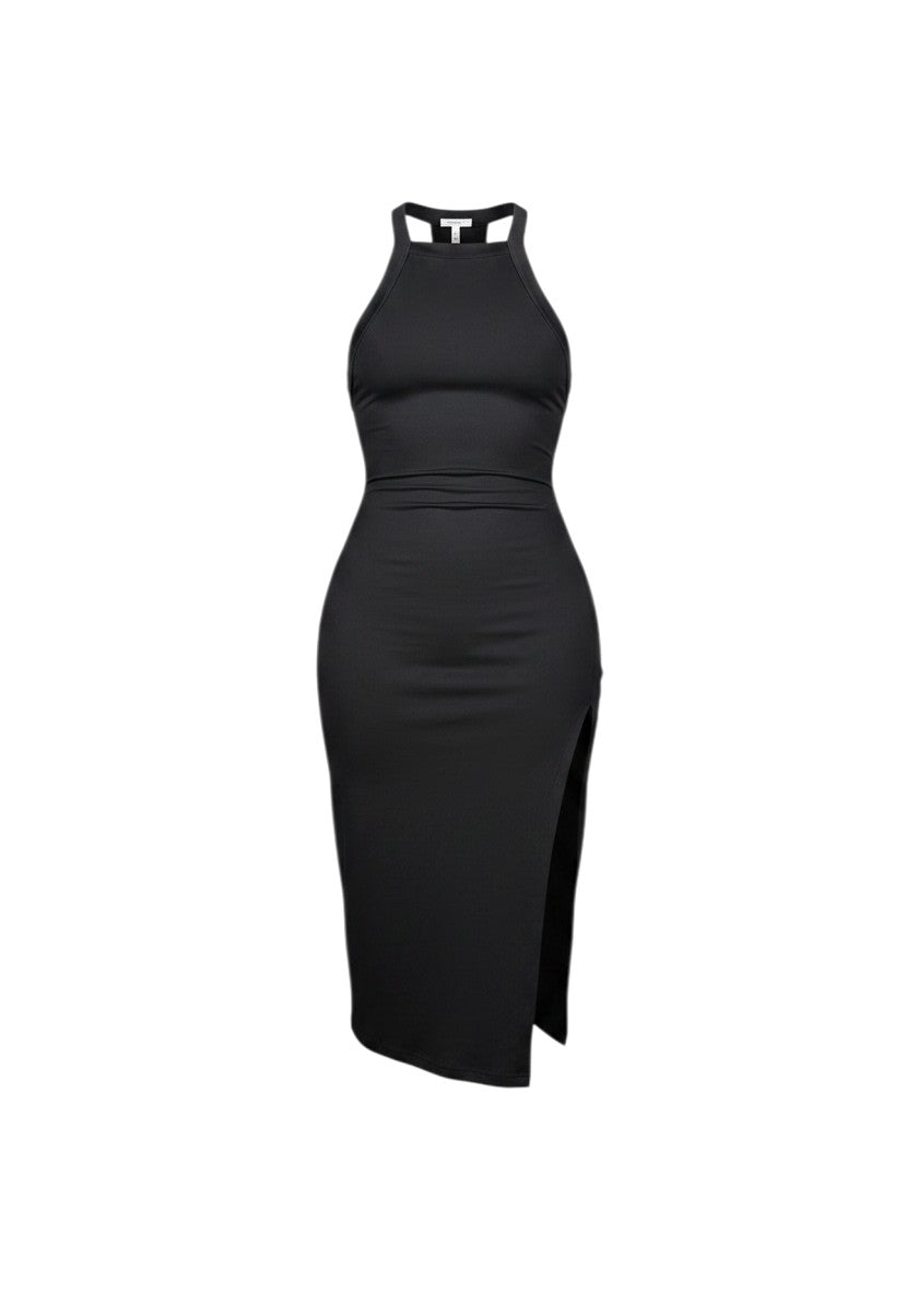 cottonandlily black sleeveless bodycon midi dress in cotton jersey with a high neck and left side slit