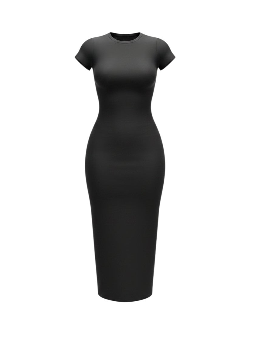cottonandlily black cotton jersey bodycon midi dress with short sleeves and a crew neckline