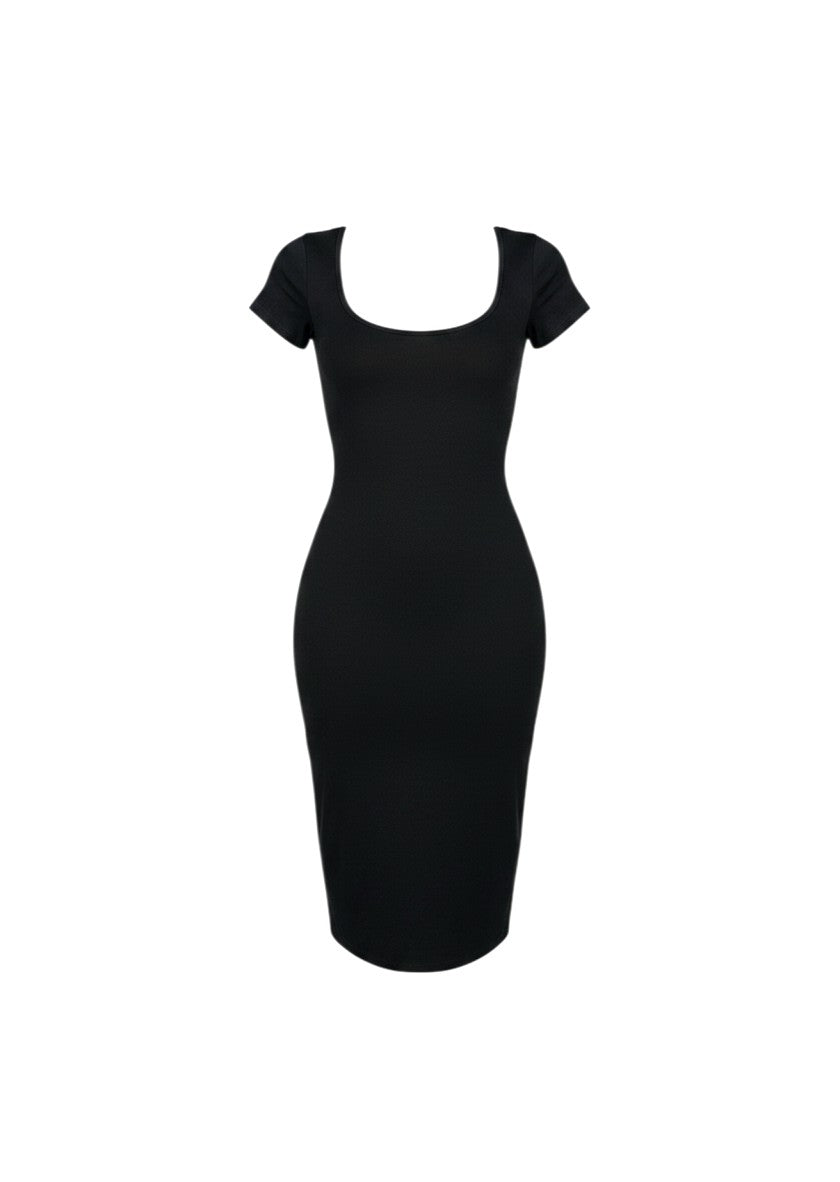 cottonandlily black cotton jersey bodycon midi dress with a scoopneck and short sleeves.