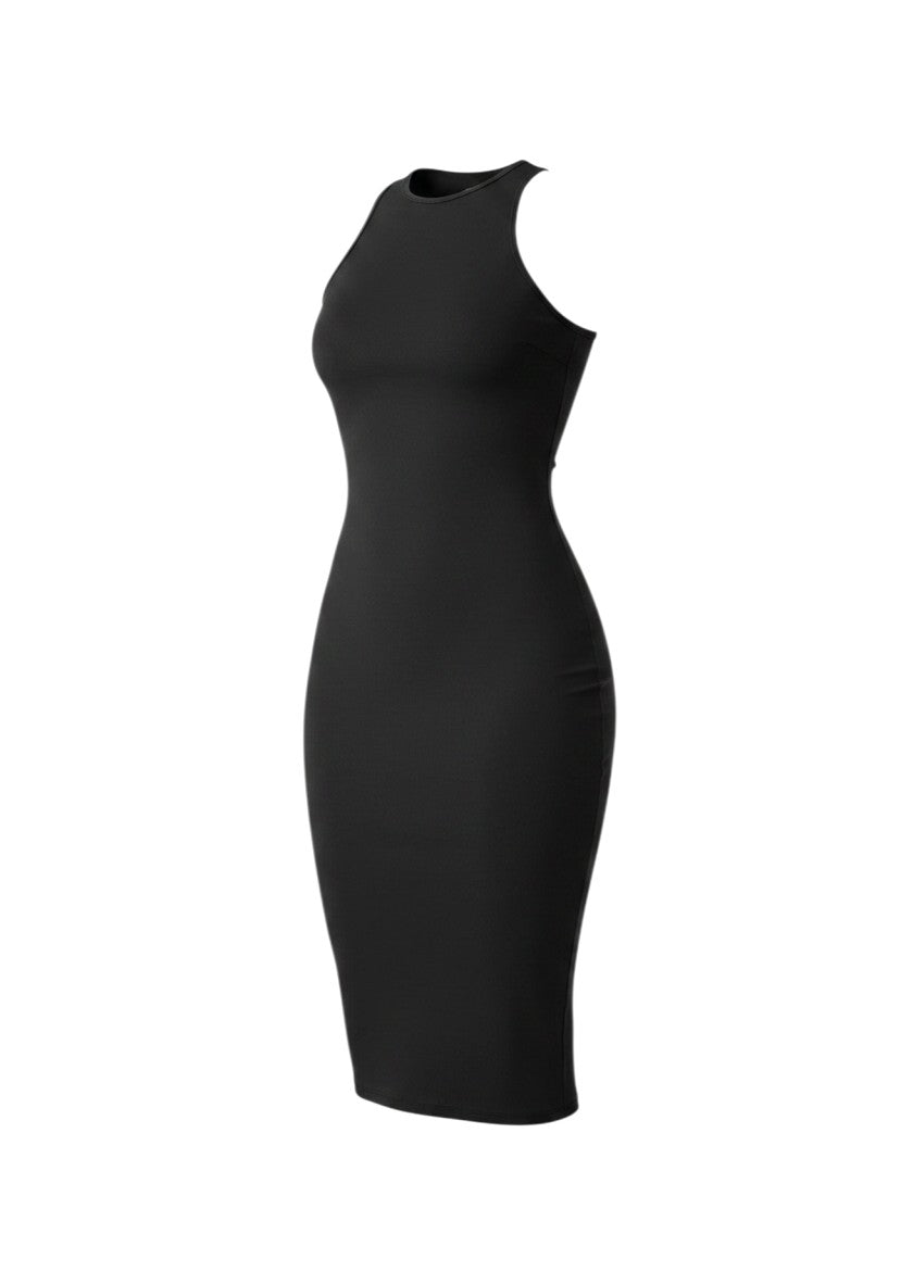 cottonandlily black sleeveless bodycon midi dress in premium cotton jersey with a high neckline