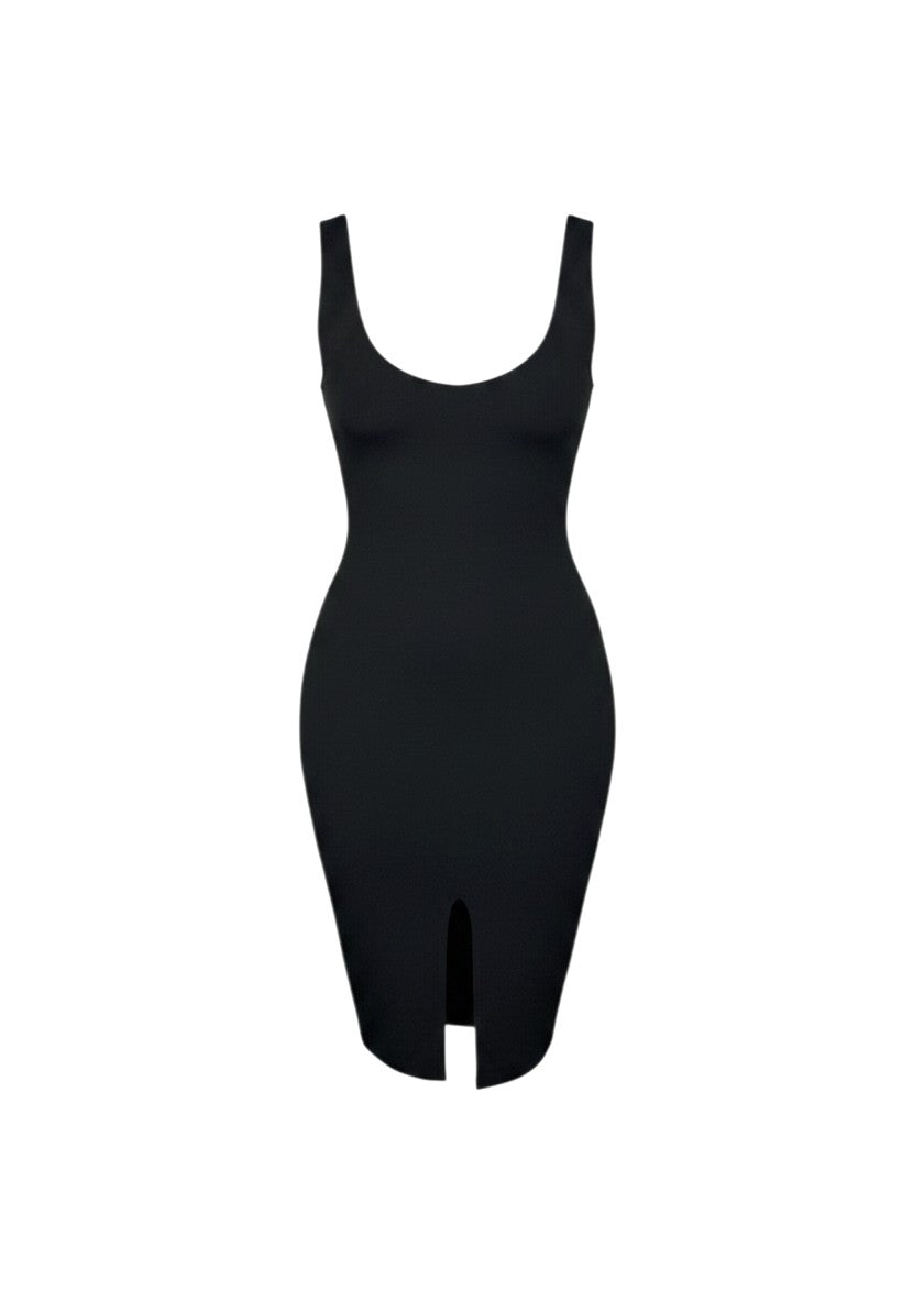 cottonandlily black sleeveless bodycon mini dress with a scoop neckline and a front slit in cotton jersey fabric