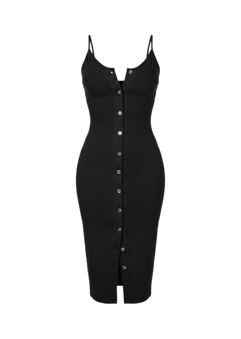cottonandlily black cotton jersey midi dress with spaghetti straps and a functional button-down front