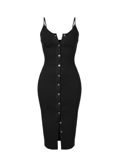 cottonandlily black cotton jersey midi dress with spaghetti straps and a functional button-down front
