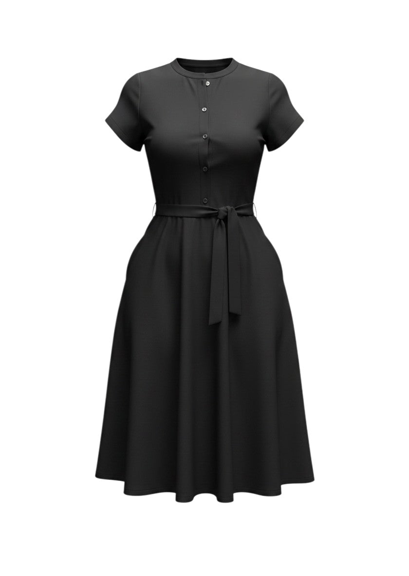 cottonandlily black button-down skater midi dress with short sleeves, round neck, and adjustable waist tie belt.