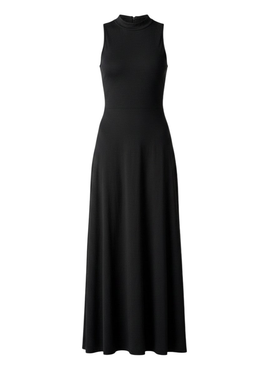 cottonandlily black sleeveless maxi dress with a structured collar and A-line silhouette in soft cotton jersey blend