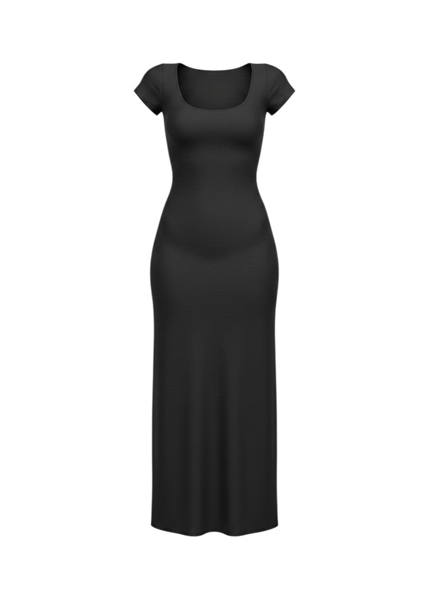 cottonandlily black cotton jersey maxi dress with a scoop neckline, short sleeves, and a flattering A-line silhouette.