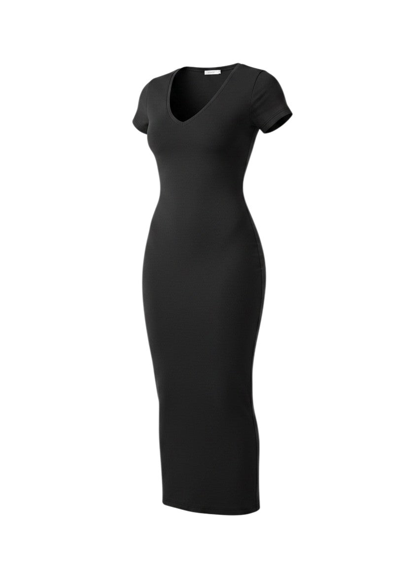 cottonandlily black cotton jersey bodycon maxi dress with a flattering V-neckline and short sleeves.