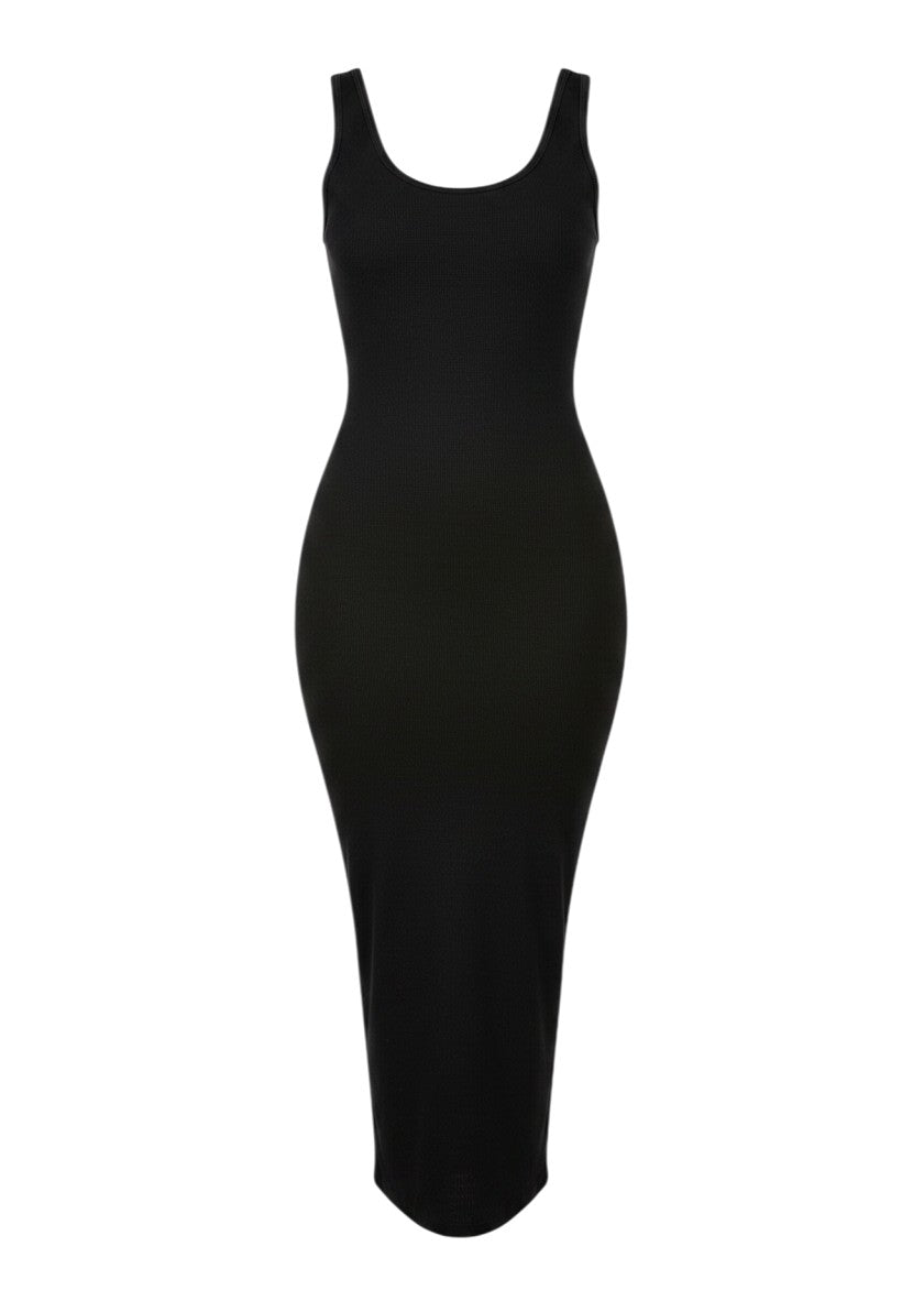 cottonandlily black sleeveless cotton jersey tank maxi dress with a fitted silhouette and scoop neckline