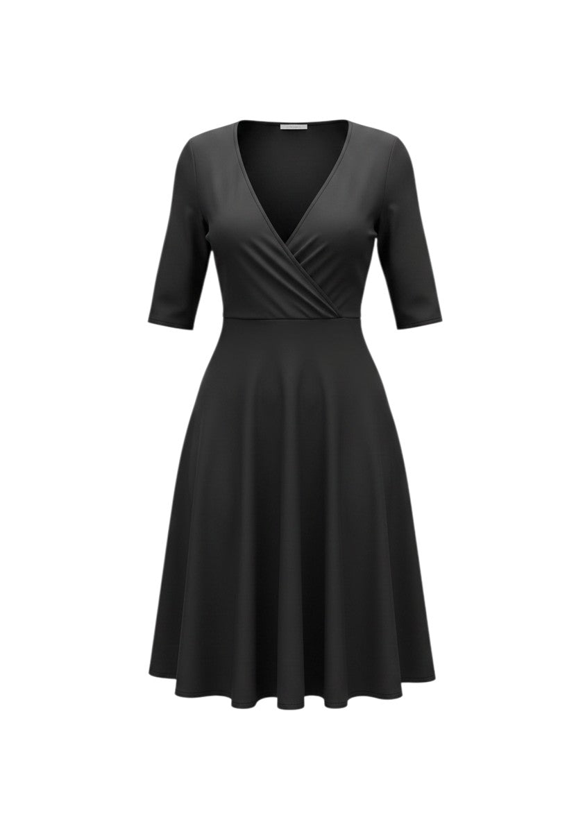 cottonandlily black knee-length wrap dress in cotton jersey with a V-neck, medium sleeves, and a side tie detail.