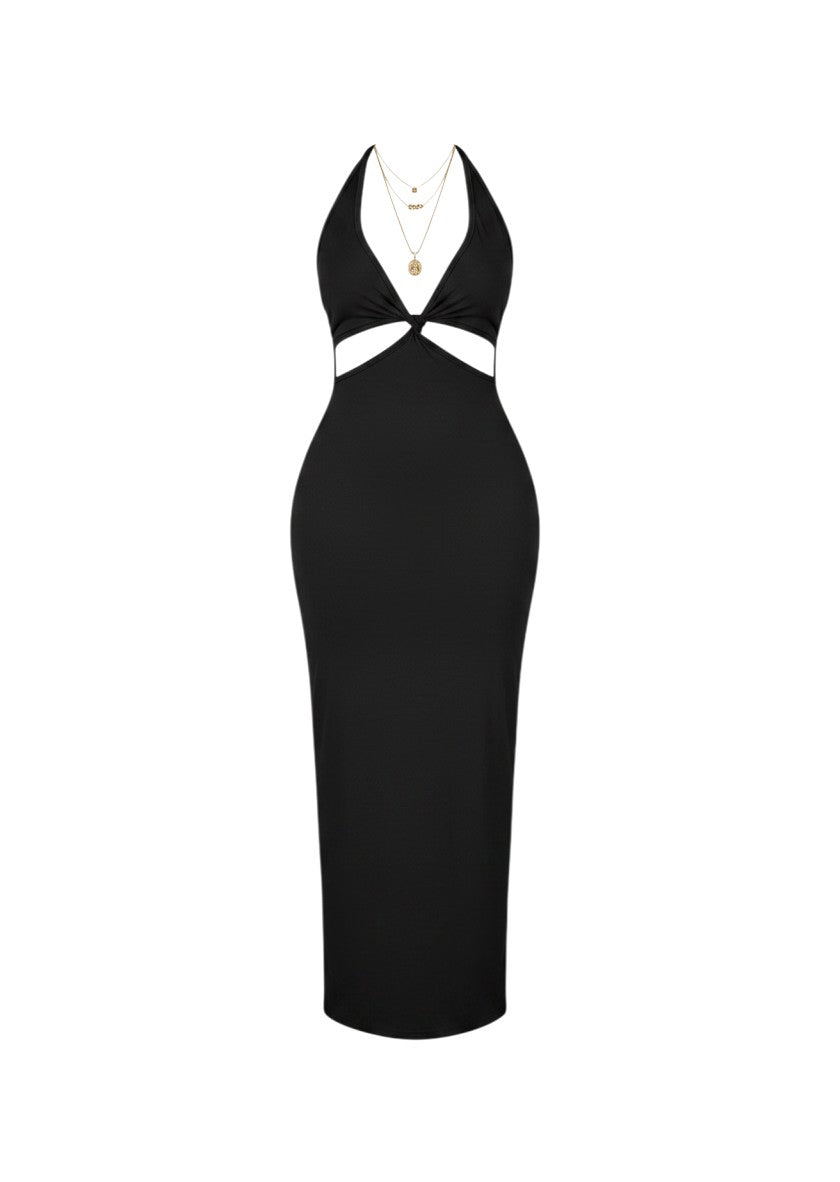 cottonandlily black cotton jersey maxi dress with halter neck, deep neckline, and waist cut-out detailing