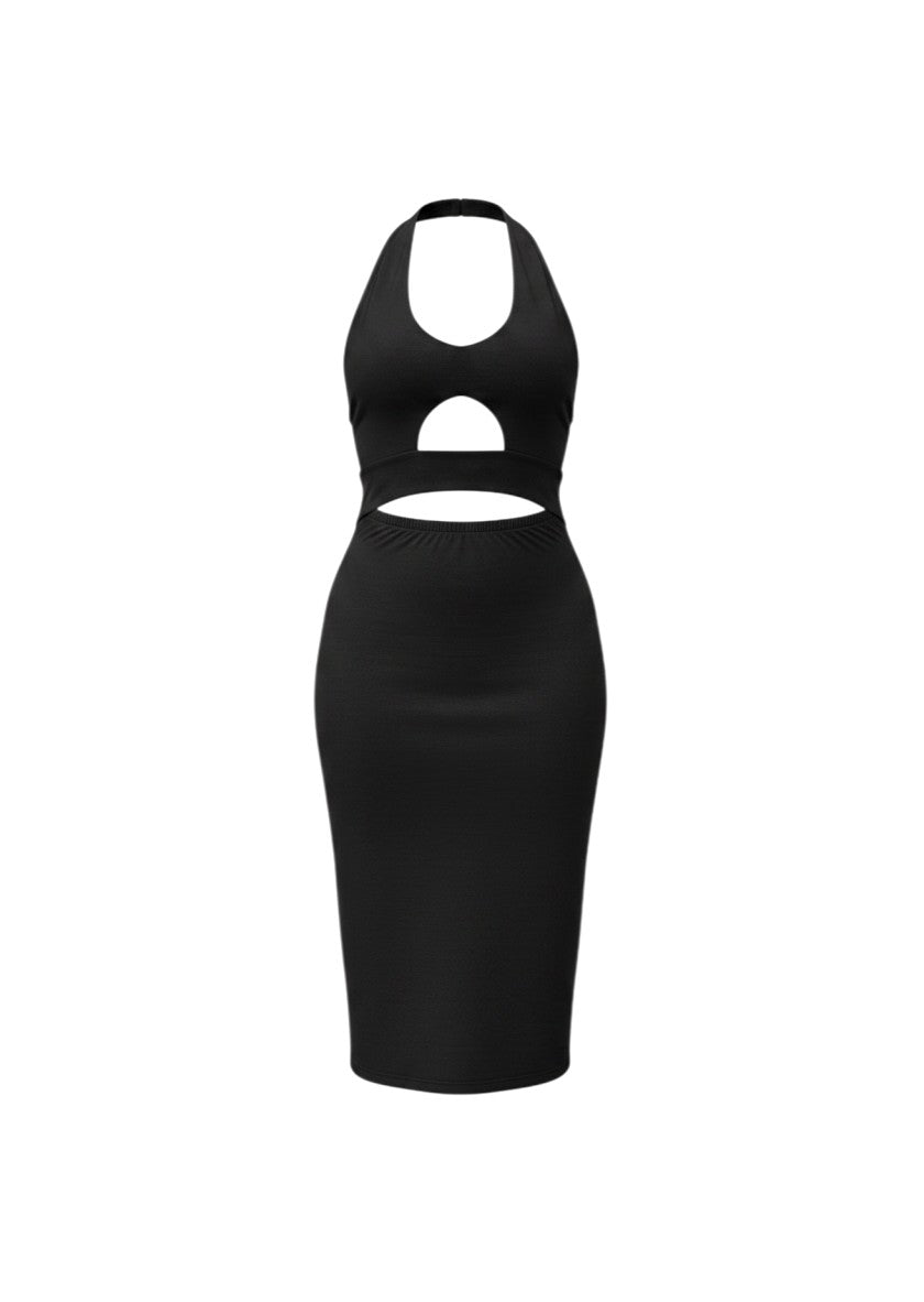 cottonandlily black cotton jersey midi bodycon dress with halter neckline and front cut-out detail