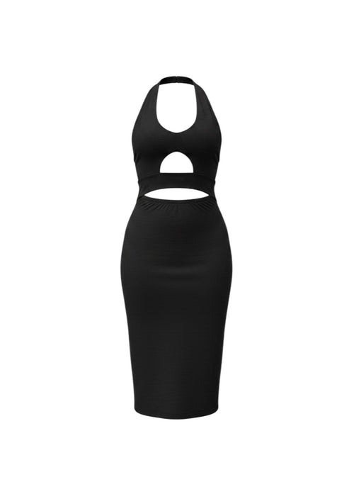cottonandlily black cotton jersey midi bodycon dress with halter neckline and front cut-out detail