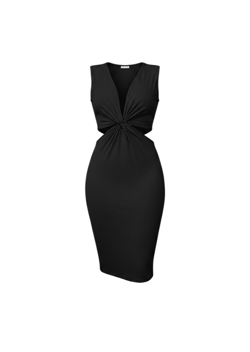cottonandlily black sleeveless bodycon midi dress with v-neck and front knot cut-out detail in cotton jersey blend