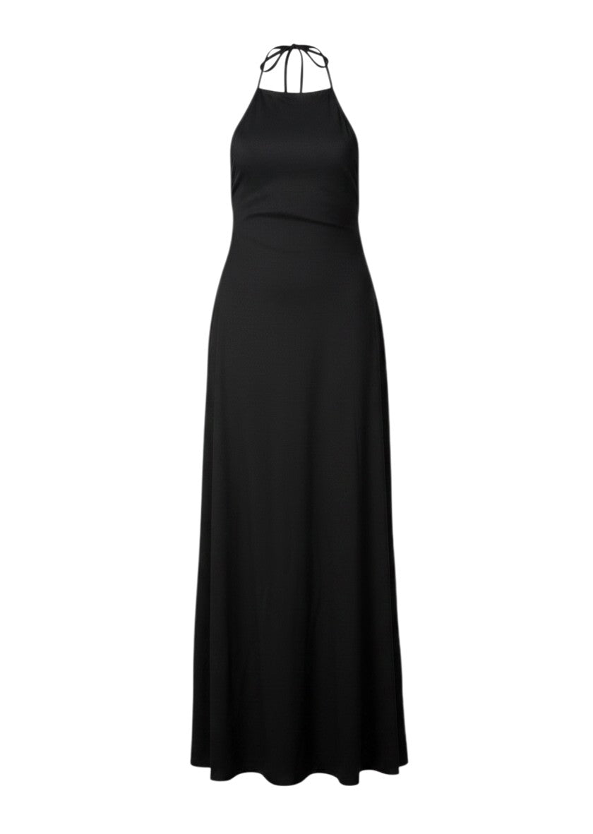 cottonandlily black jersey maxi dress with a low-back halter neckline and fluid A-line silhouette.